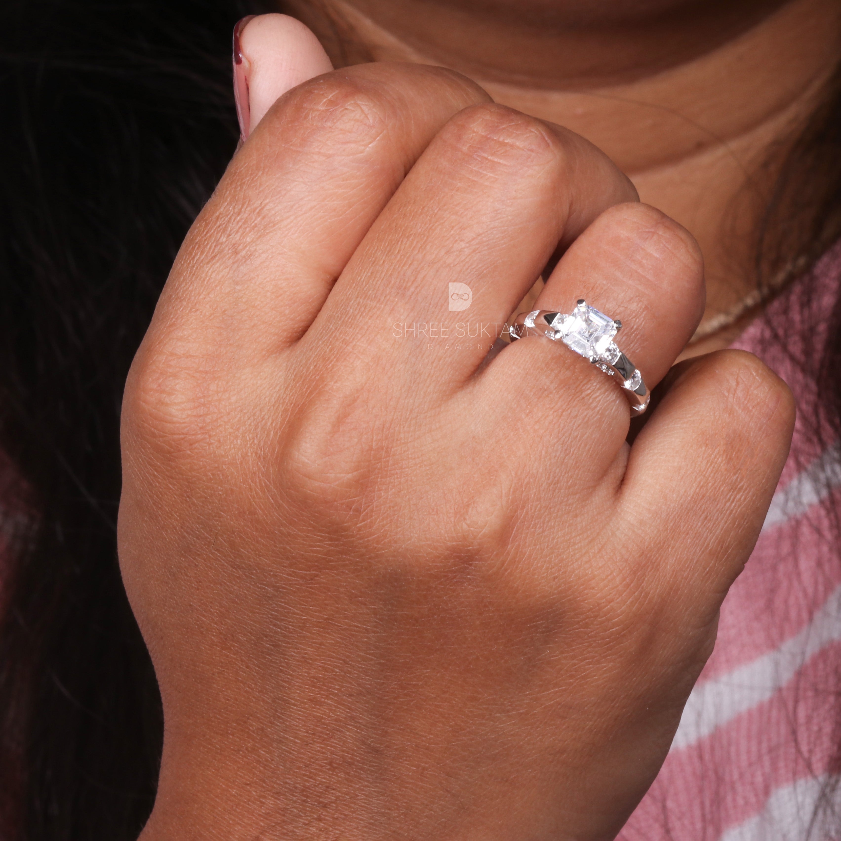 Asscher Cut 1.5Carat Lab Grown Diamond Round Alternate Pave Shank Engagement Ring Valentine's Gift Proposal Ring 18Kt Gold & Platinum