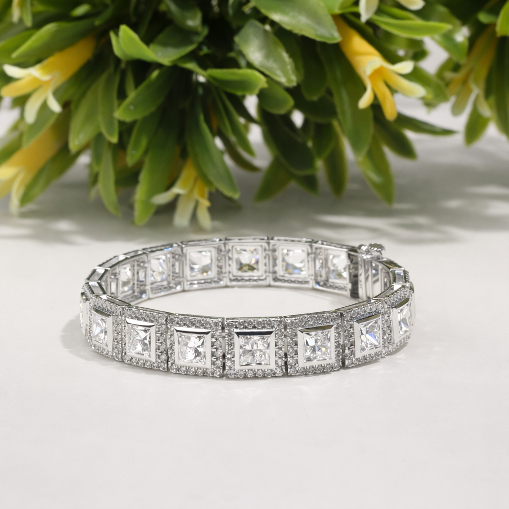 Handmade Princess Cut Diamond Halo Bracelet Square Link Tennis Bracelet for Women Luxury Bridal Wedding Jewelry Anniversary Gift for Her