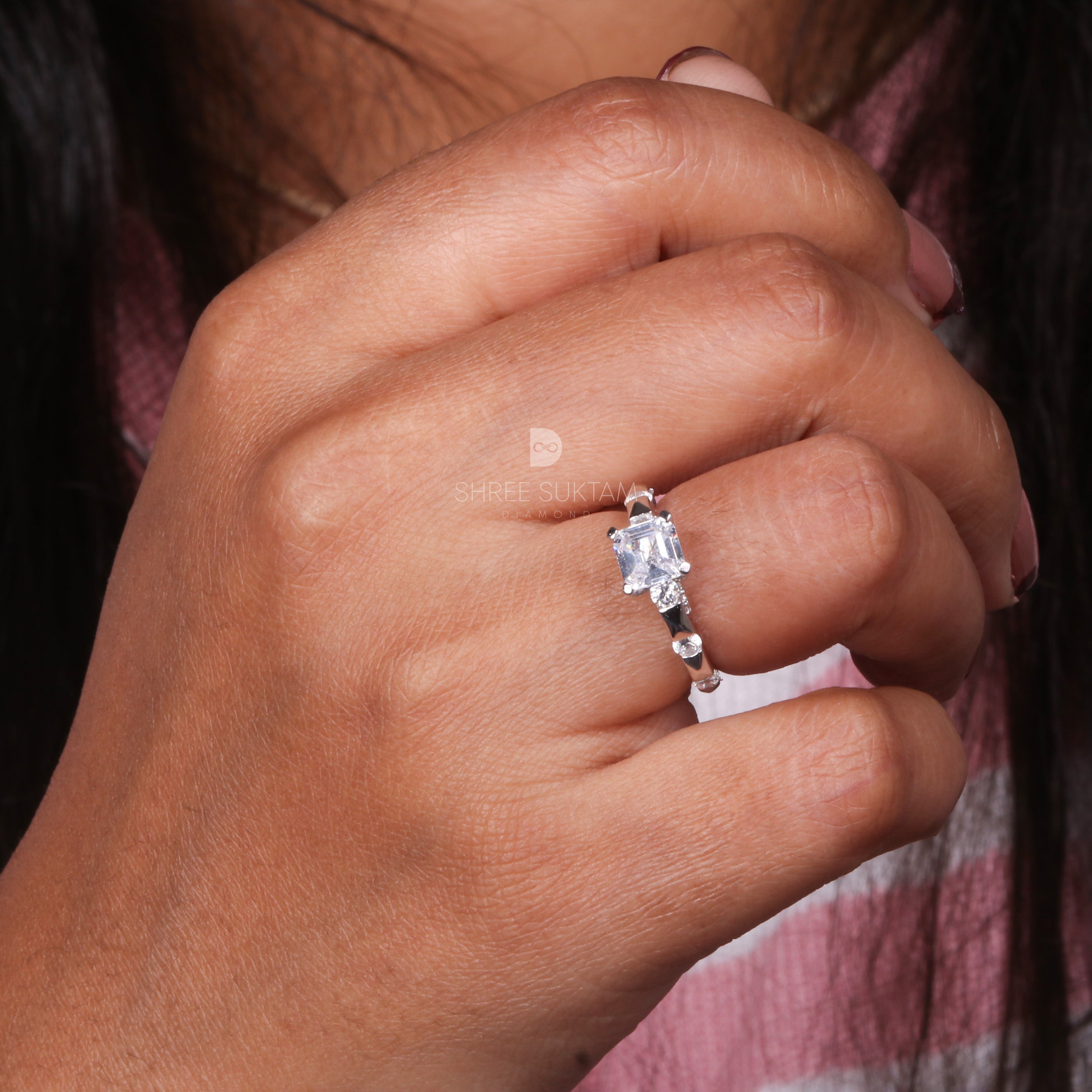 Asscher Cut 1.5Carat Lab Grown Diamond Round Alternate Pave Shank Engagement Ring Valentine's Gift Proposal Ring 18Kt Gold & Platinum