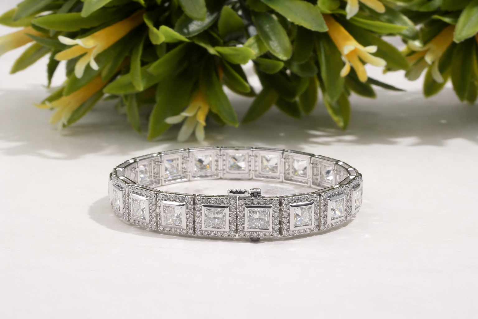 Handmade Princess Cut Diamond Halo Bracelet Square Link Tennis Bracelet for Women Luxury Bridal Wedding Jewelry Anniversary Gift for Her