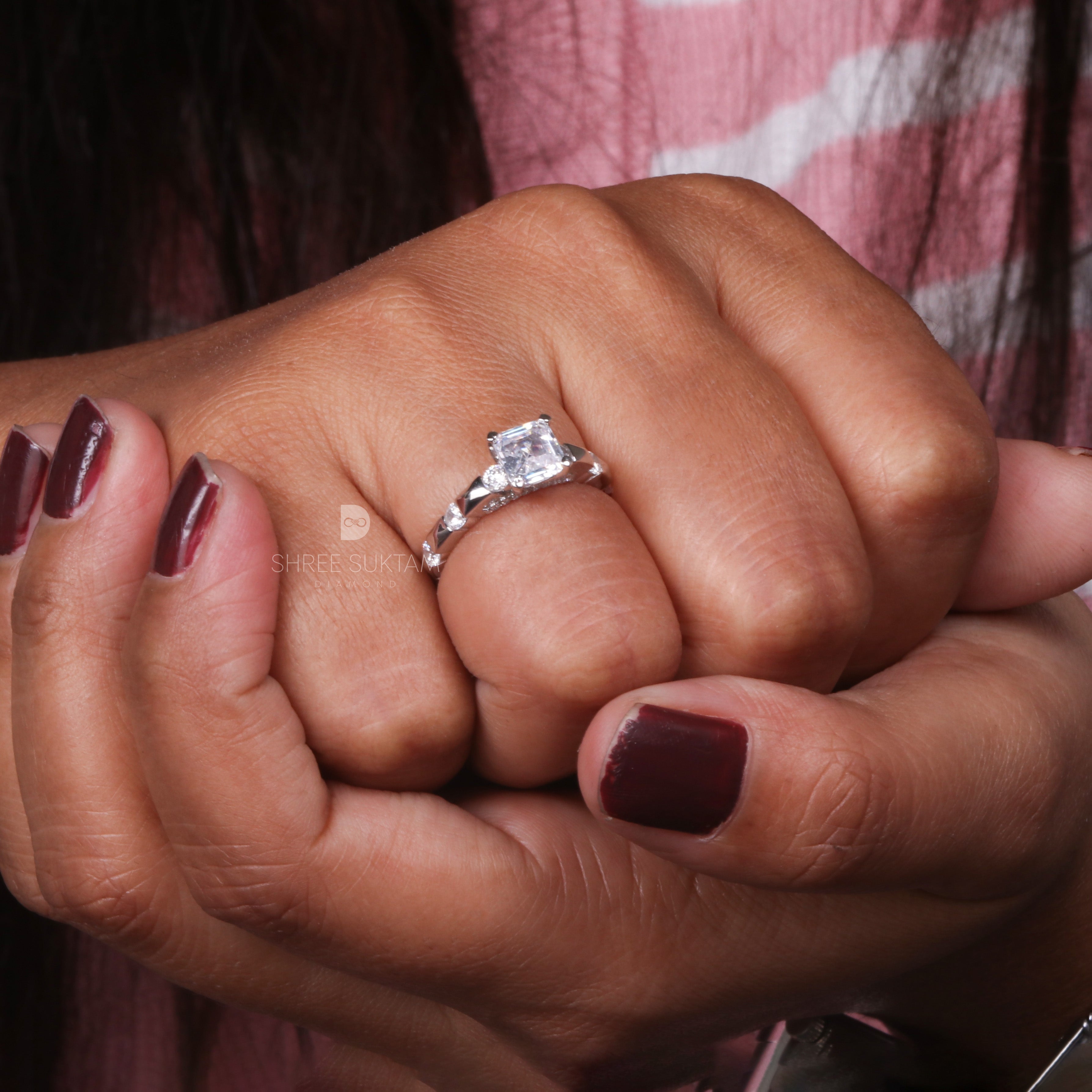 Asscher Cut 1.5Carat Lab Grown Diamond Round Alternate Pave Shank Engagement Ring Valentine's Gift Proposal Ring 18Kt Gold & Platinum