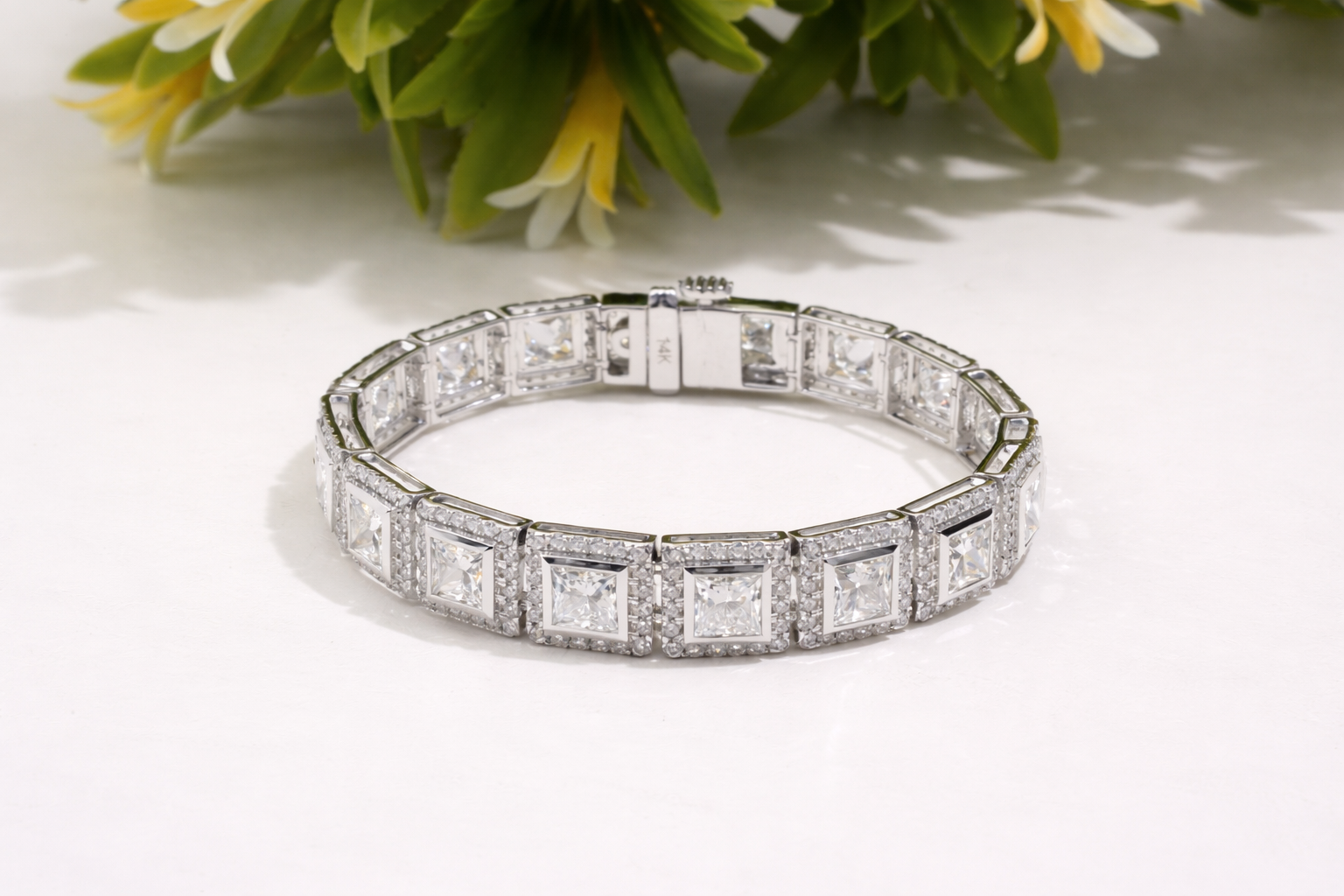 Handmade Princess Cut Diamond Halo Bracelet Square Link Tennis Bracelet for Women Luxury Bridal Wedding Jewelry Anniversary Gift for Her