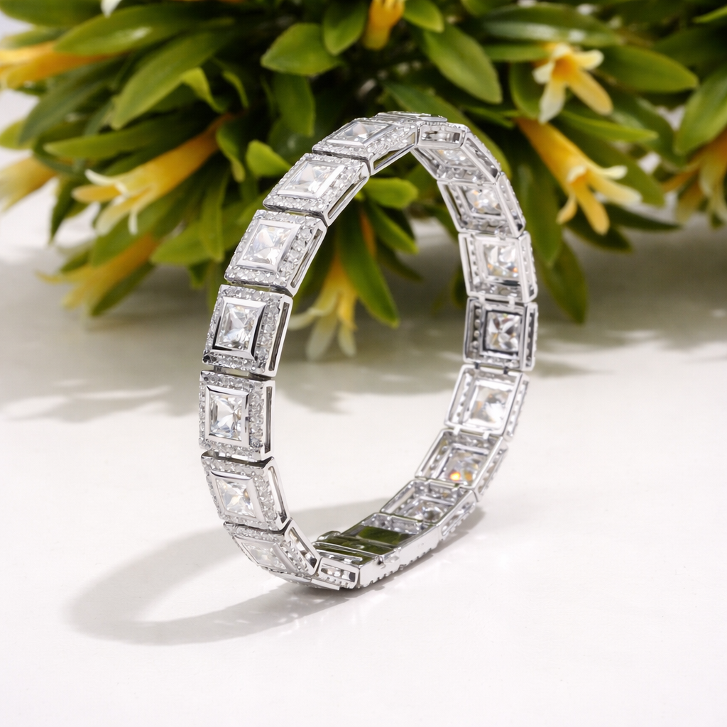 Handmade Princess Cut Diamond Halo Bracelet Square Link Tennis Bracelet for Women Luxury Bridal Wedding Jewelry Anniversary Gift for Her