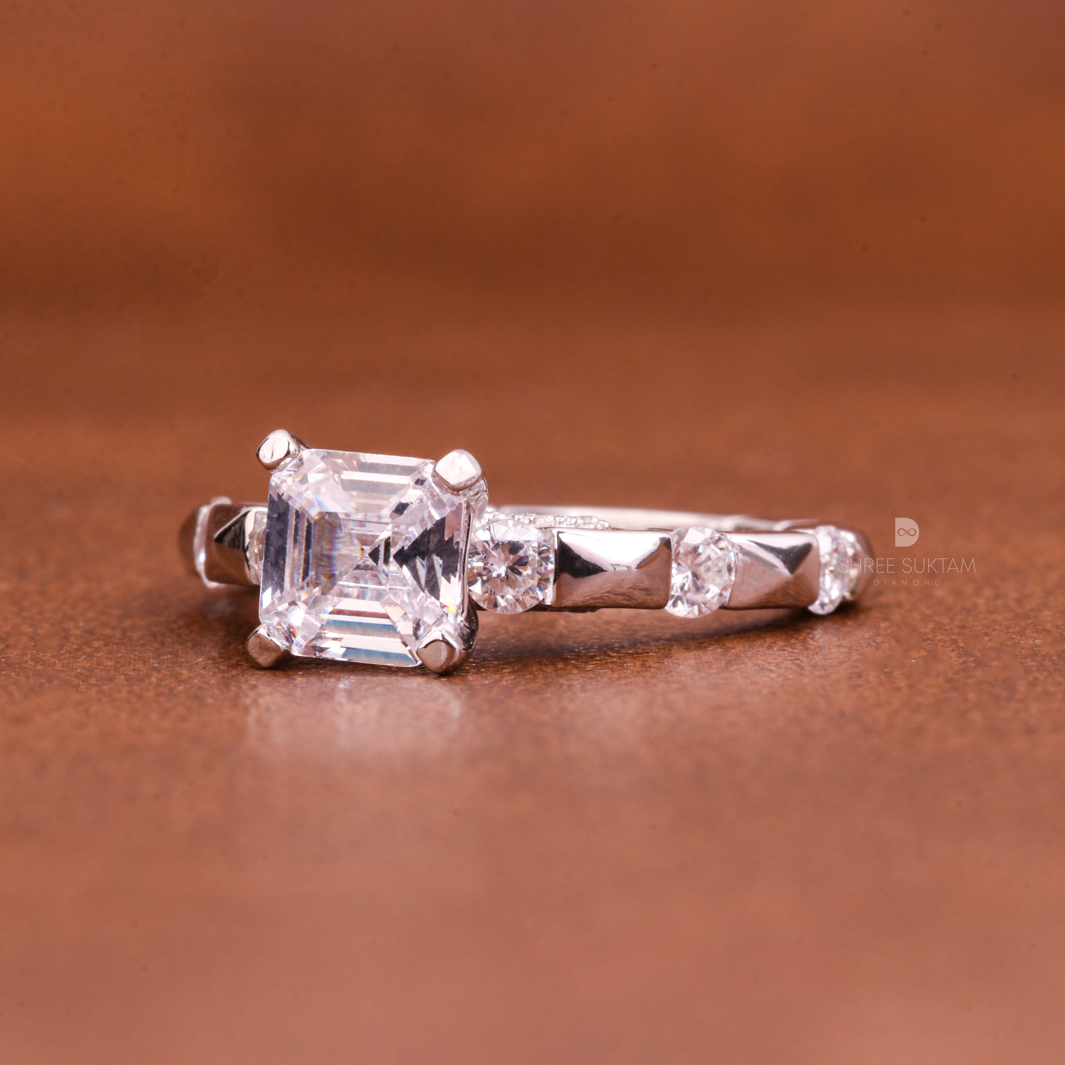 Asscher Cut 1.5Carat Lab Grown Diamond Round Alternate Pave Shank Engagement Ring Valentine's Gift Proposal Ring 18Kt Gold & Platinum