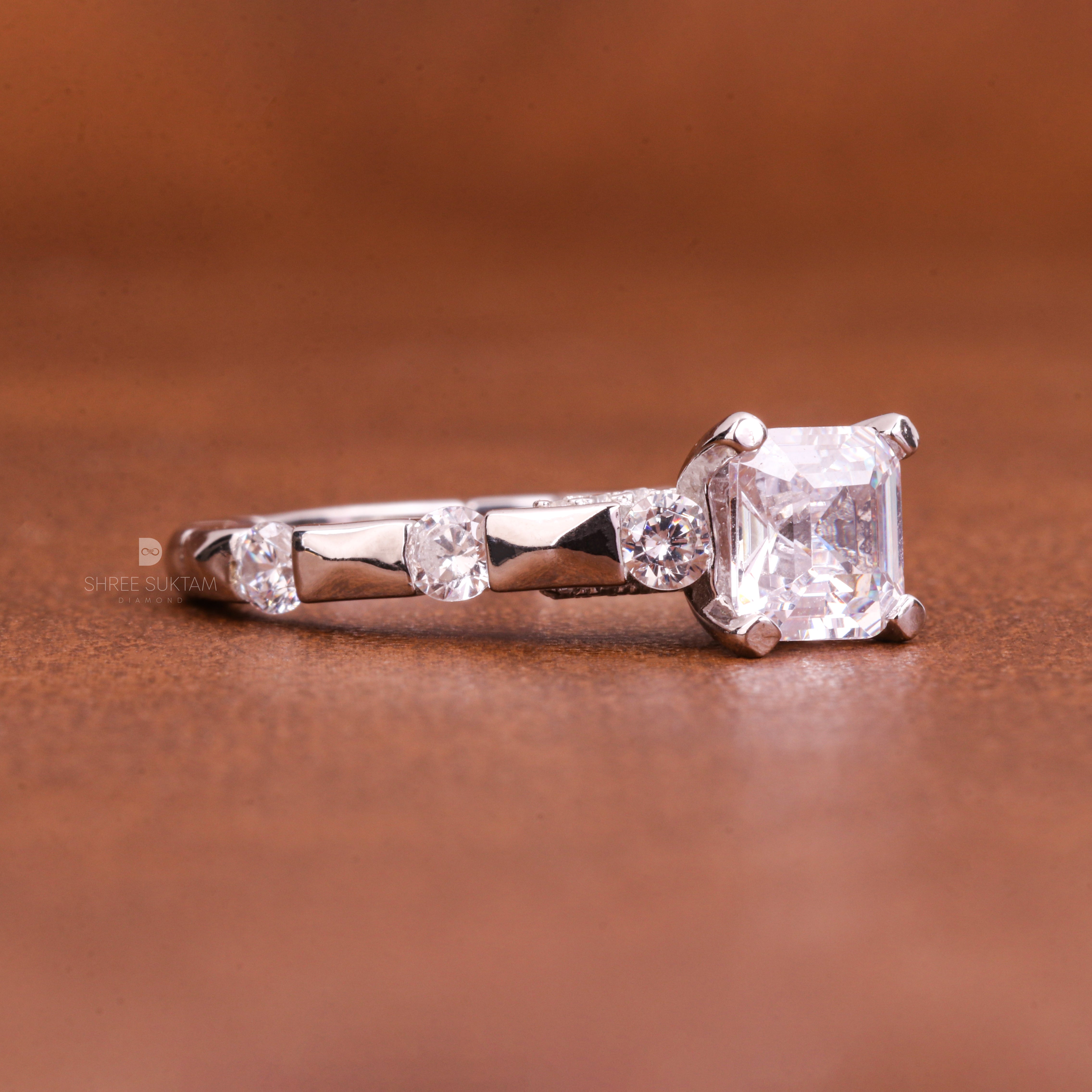 Asscher Cut 1.5Carat Lab Grown Diamond Round Alternate Pave Shank Engagement Ring Valentine's Gift Proposal Ring 18Kt Gold & Platinum