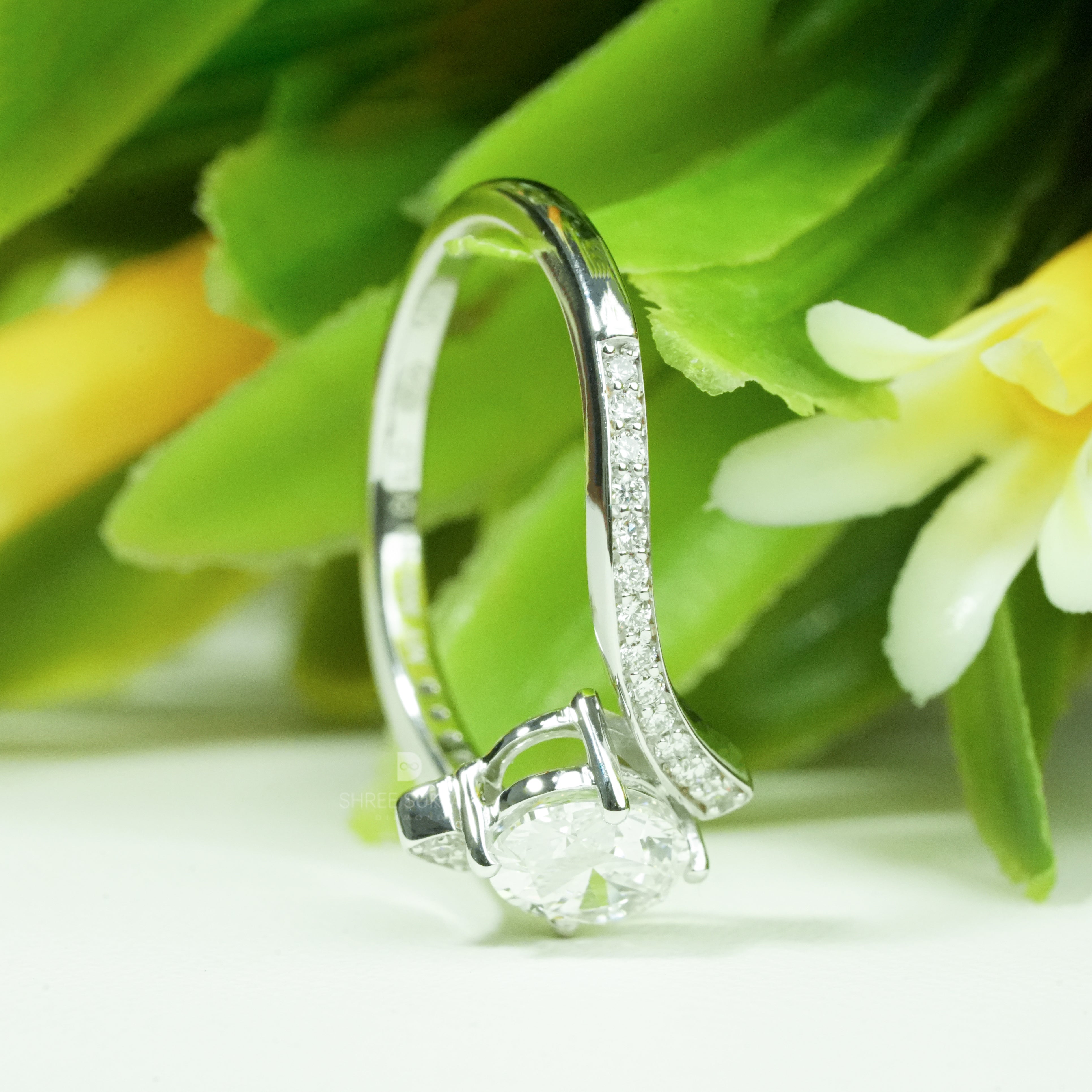Elegant Oval Lab Grown Diamond Engagement Ring Bypass Shank Pave Band luxurious sparkle Handmade Ring Prepose Ring