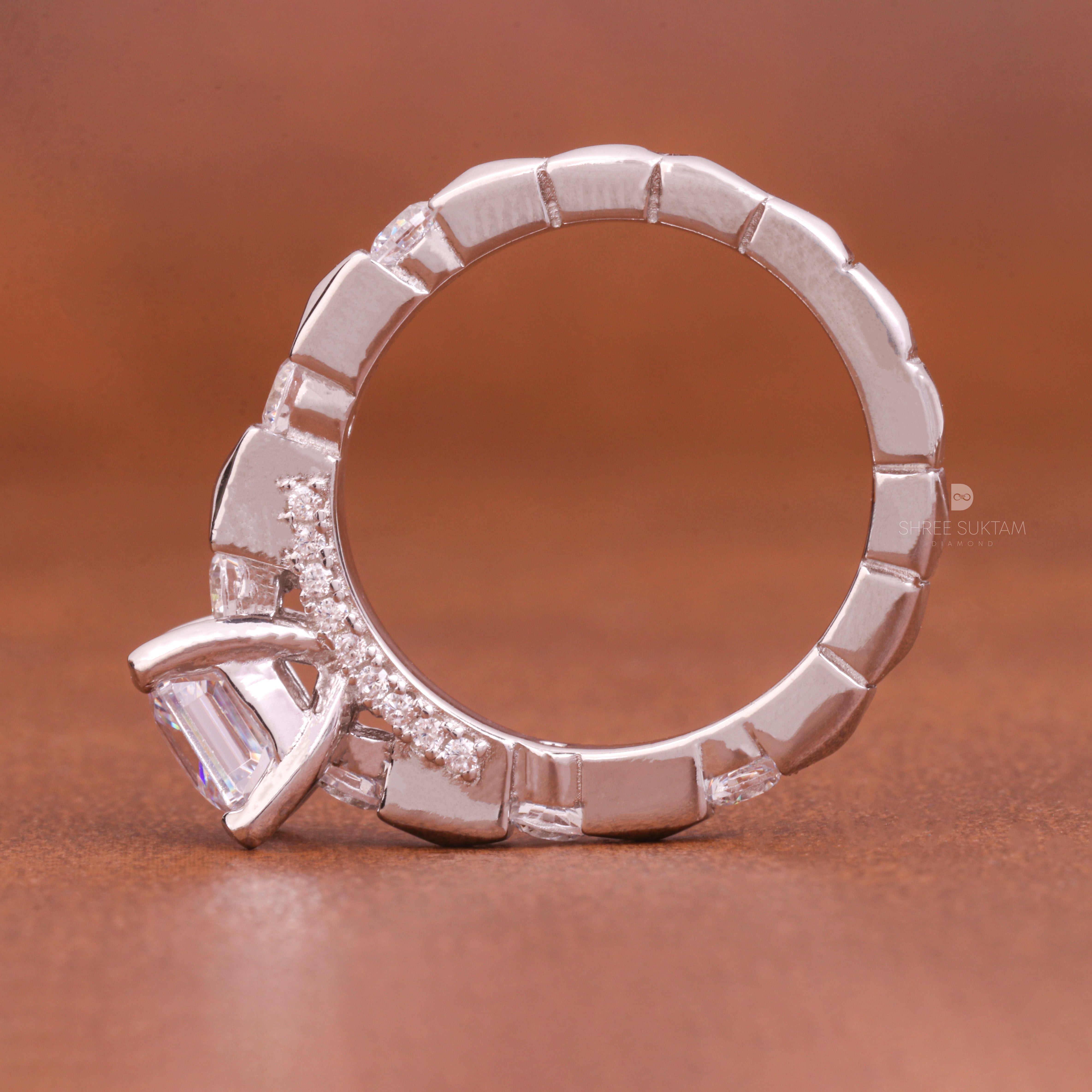 Asscher Cut 1.5Carat Lab Grown Diamond Round Alternate Pave Shank Engagement Ring Valentine's Gift Proposal Ring 18Kt Gold & Platinum