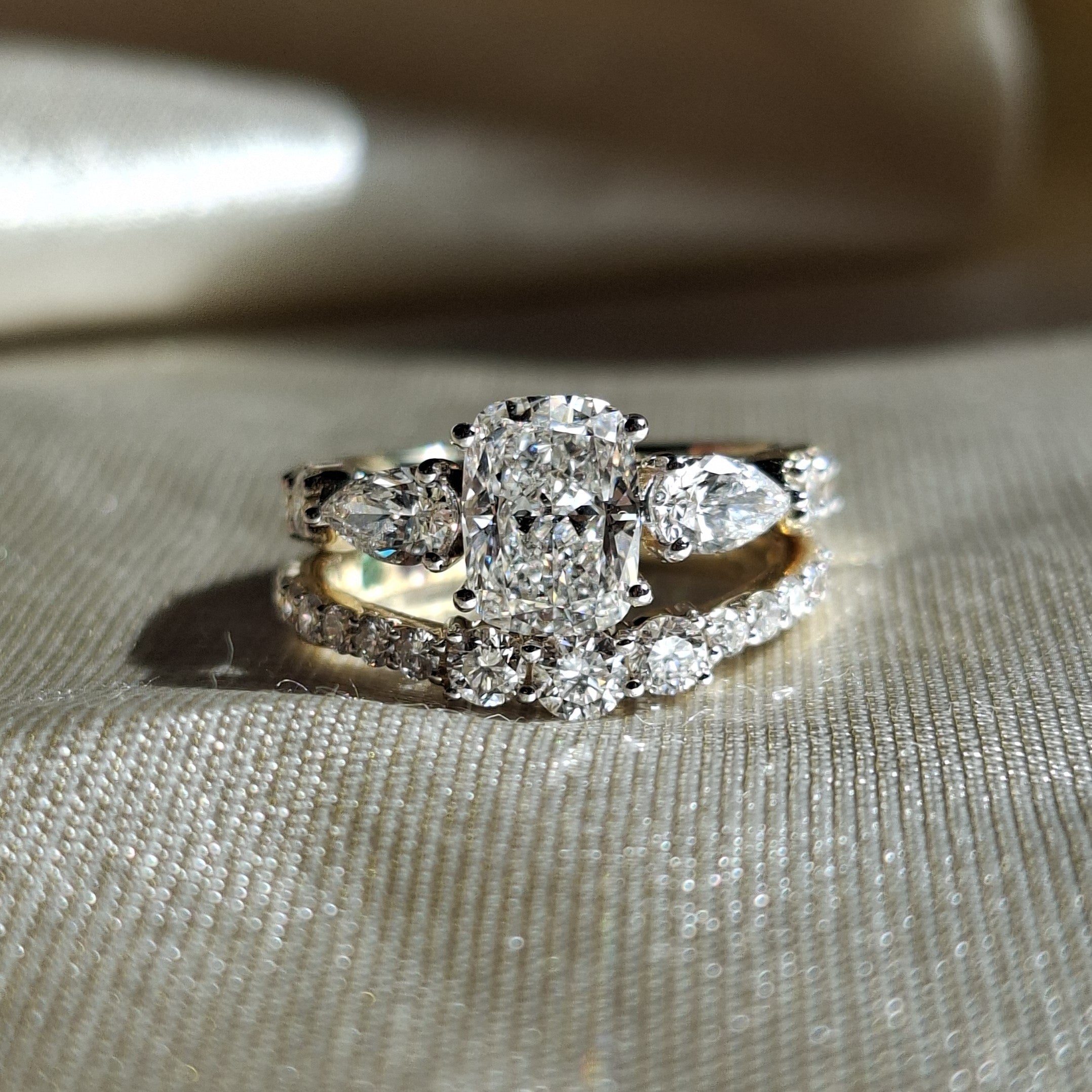 1.3 Carat Cushion Lab Grown Diamond Engagement Ring Set Pear Side Stone Diamond Wedding Ring Set Handamde jewelry Anniversary Gift for Her