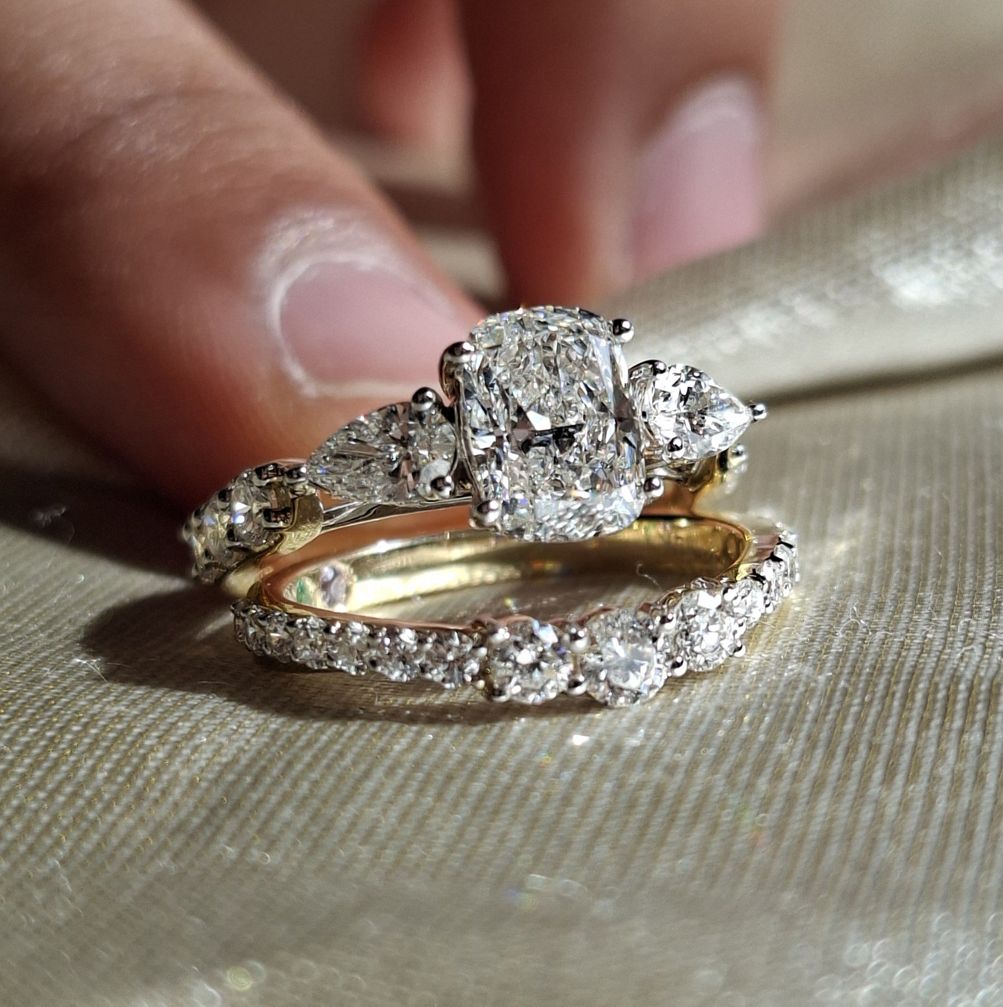 1.3 Carat Cushion Lab Grown Diamond Engagement Ring Set Pear Side Stone Diamond Wedding Ring Set Handamde jewelry Anniversary Gift for Her