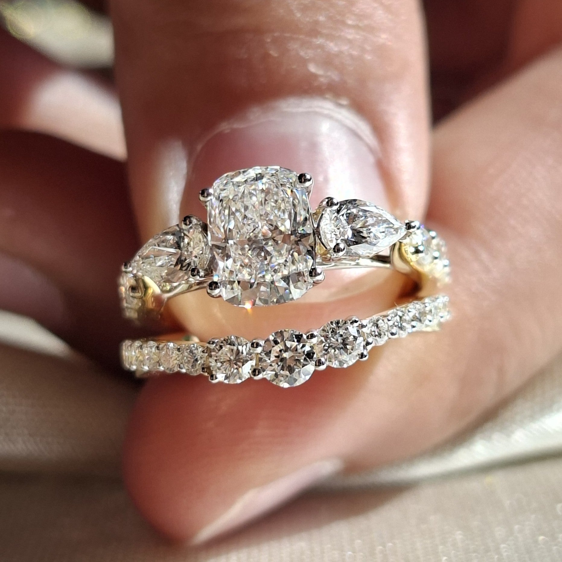 1.3 Carat Cushion Lab Grown Diamond Engagement Ring Set Pear Side Stone Diamond Wedding Ring Set Handamde jewelry Anniversary Gift for Her