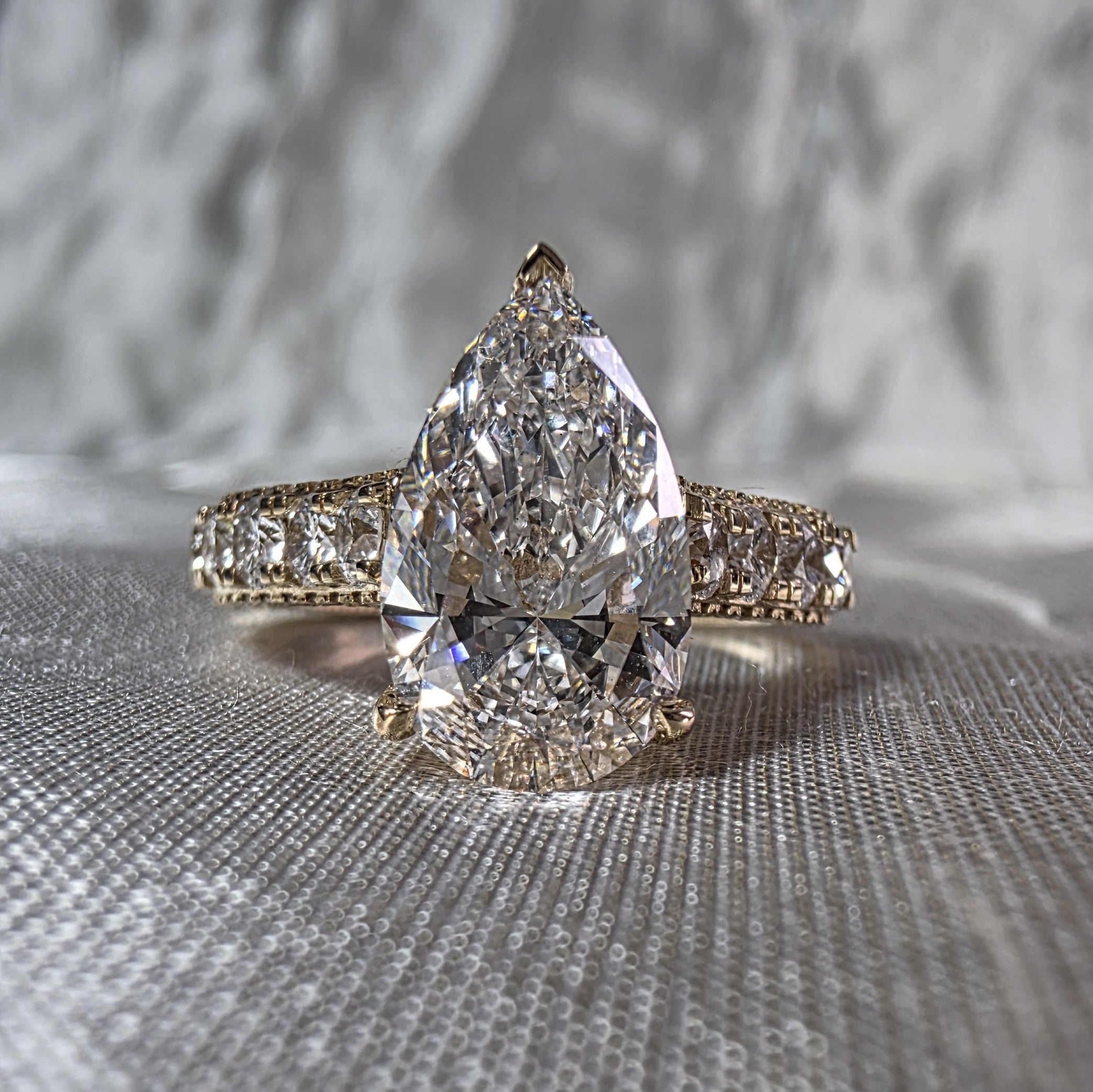 Pear Diamond Engagement Ring Pear Cut Lab Grown Diamond Ring Round Diamond Pave Ring Hidden Halo Bridal Ring Promise Handmade jewelry