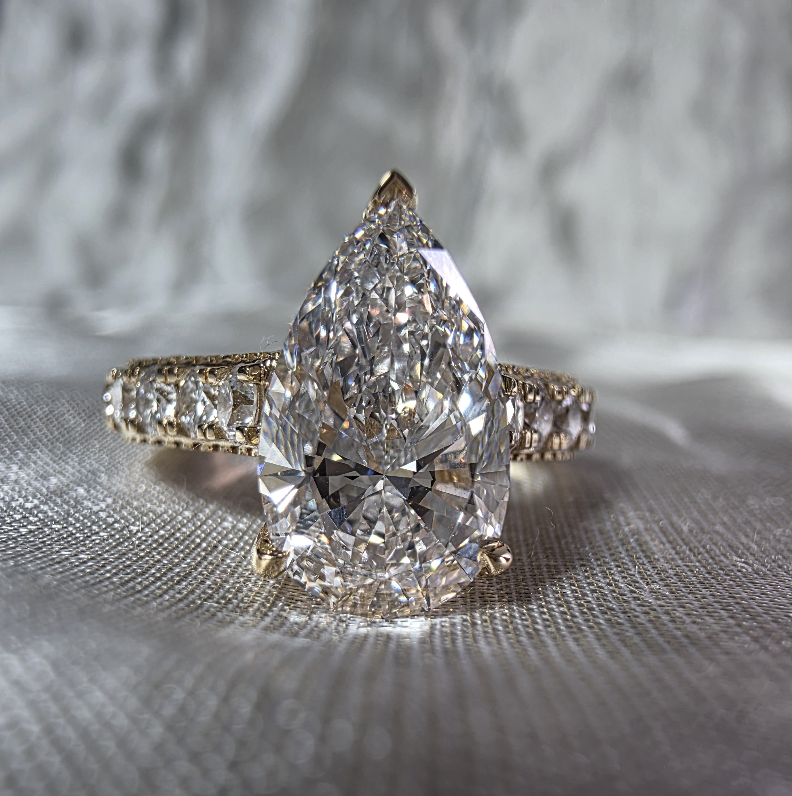 Pear Diamond Engagement Ring Pear Cut Lab Grown Diamond Ring Round Diamond Pave Ring Hidden Halo Bridal Ring Promise Handmade jewelry