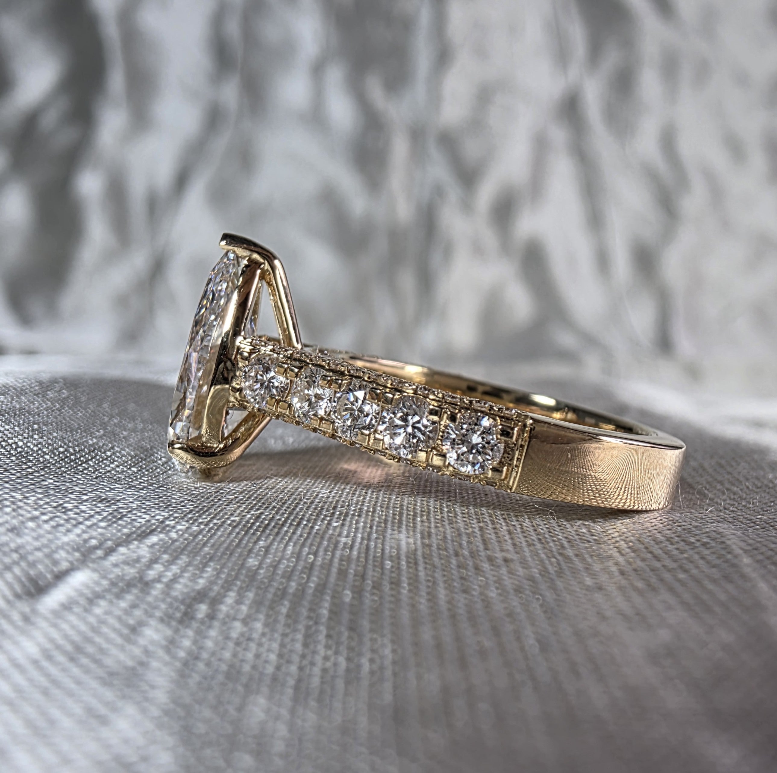 Pear Diamond Engagement Ring Pear Cut Lab Grown Diamond Ring Round Diamond Pave Ring Hidden Halo Bridal Ring Promise Handmade jewelry