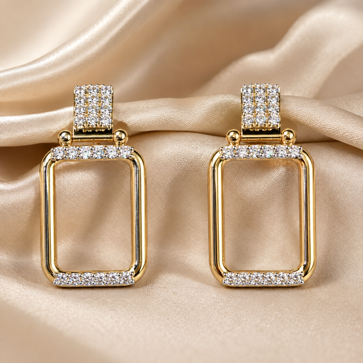 Round Lab Grown Diamond Rectangle Drop Earrings Geometric Gold Dangle Earrings Pavé Diamond Jewelry Handmade Elegant Earrings Gift for Her