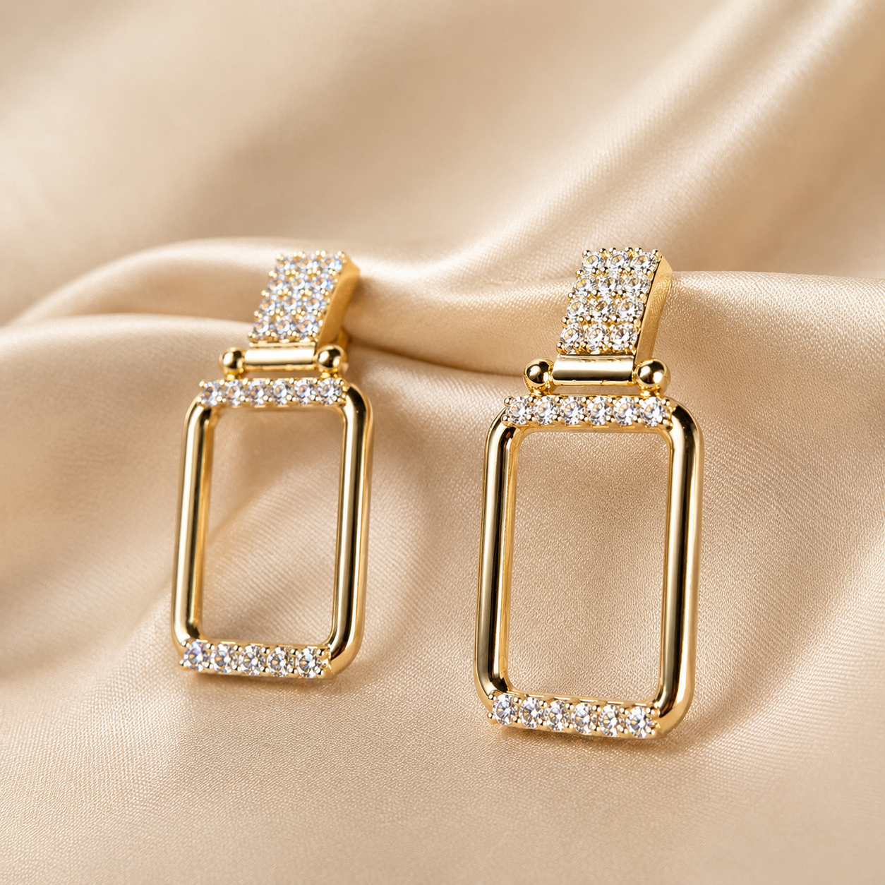 Round Lab Grown Diamond Rectangle Drop Earrings Geometric Gold Dangle Earrings Pavé Diamond Jewelry Handmade Elegant Earrings Gift for Her