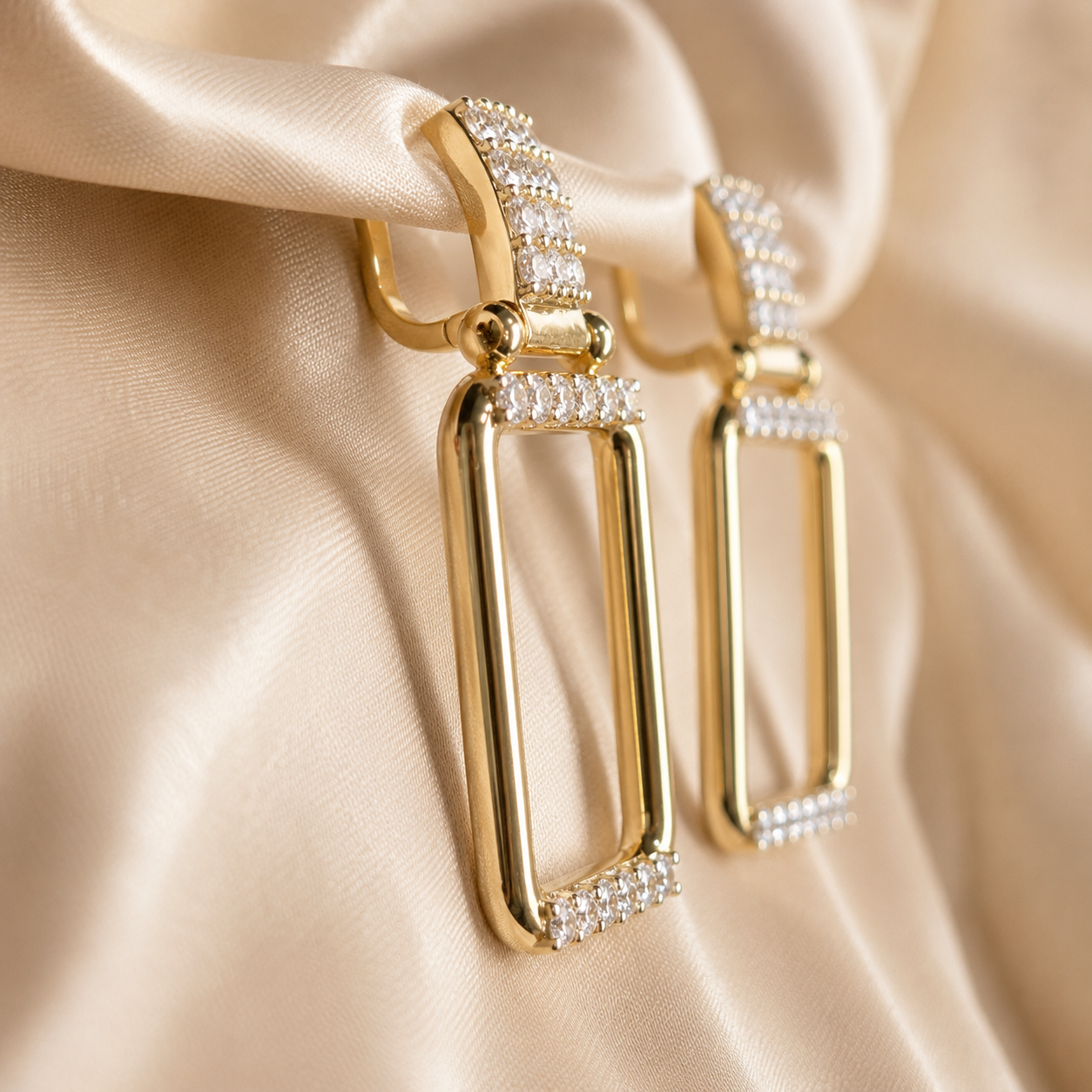 Round Lab Grown Diamond Rectangle Drop Earrings Geometric Gold Dangle Earrings Pavé Diamond Jewelry Handmade Elegant Earrings Gift for Her