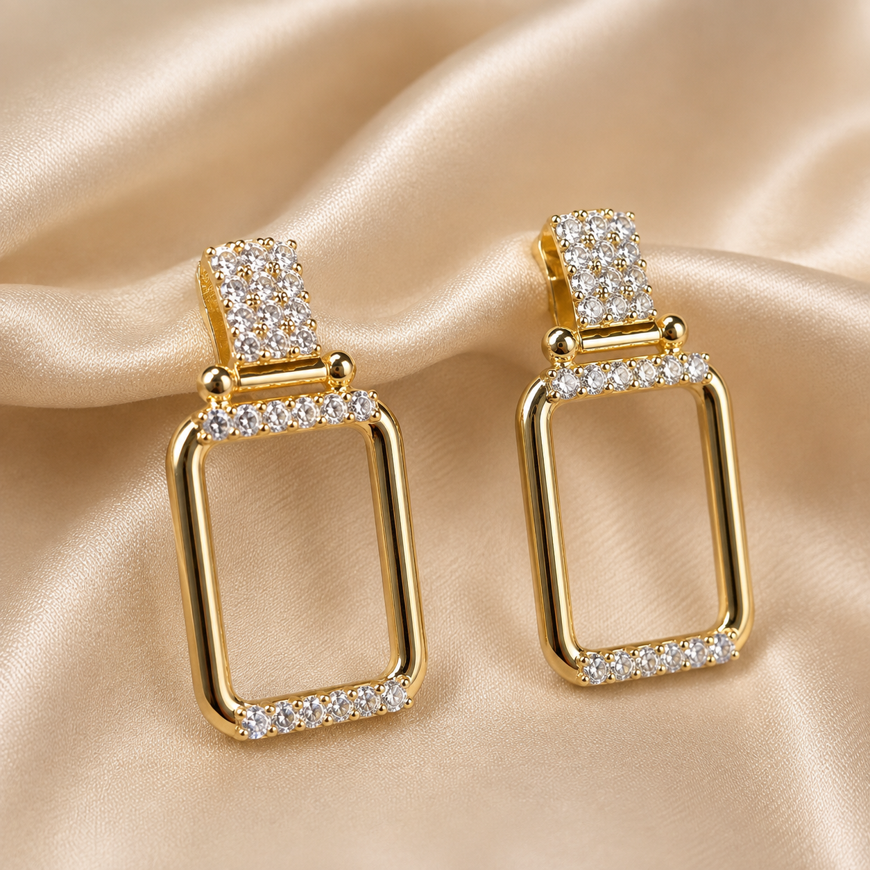 Round Lab Grown Diamond Rectangle Drop Earrings Geometric Gold Dangle Earrings Pavé Diamond Jewelry Handmade Elegant Earrings Gift for Her