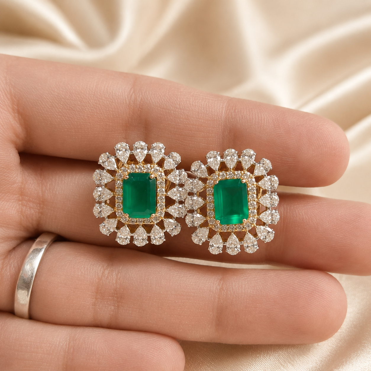Emerald Lab Grown Diamond Stud Earrings Pear & Round Diamond Halo Yellow Gold Statement Earrings Luxury Gemstone Handmade Jewelry For Her