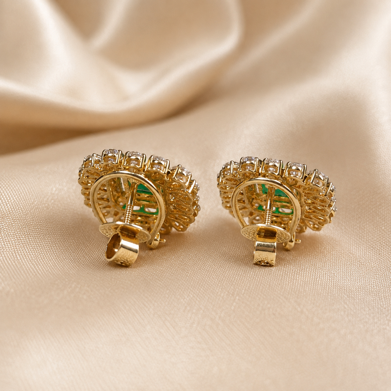 Emerald Lab Grown Diamond Stud Earrings Pear & Round Diamond Halo Yellow Gold Statement Earrings Luxury Gemstone Handmade Jewelry For Her