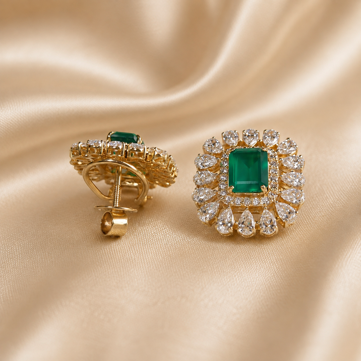 Emerald Lab Grown Diamond Stud Earrings Pear & Round Diamond Halo Yellow Gold Statement Earrings Luxury Gemstone Handmade Jewelry For Her