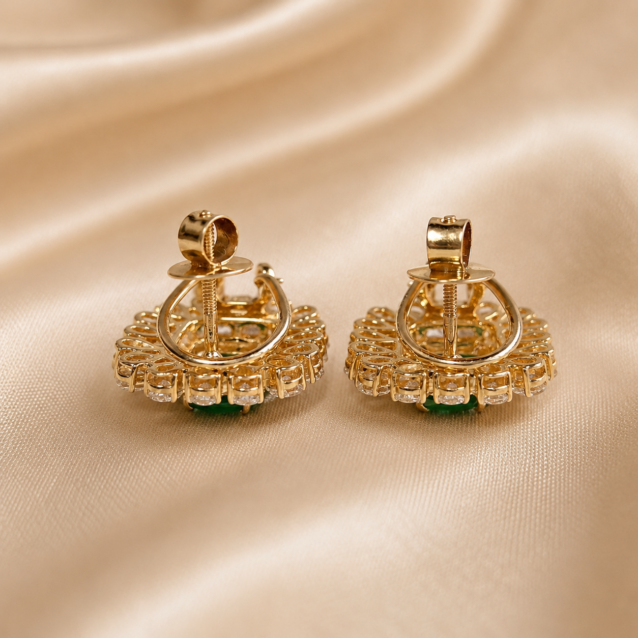 Emerald Lab Grown Diamond Stud Earrings Pear & Round Diamond Halo Yellow Gold Statement Earrings Luxury Gemstone Handmade Jewelry For Her