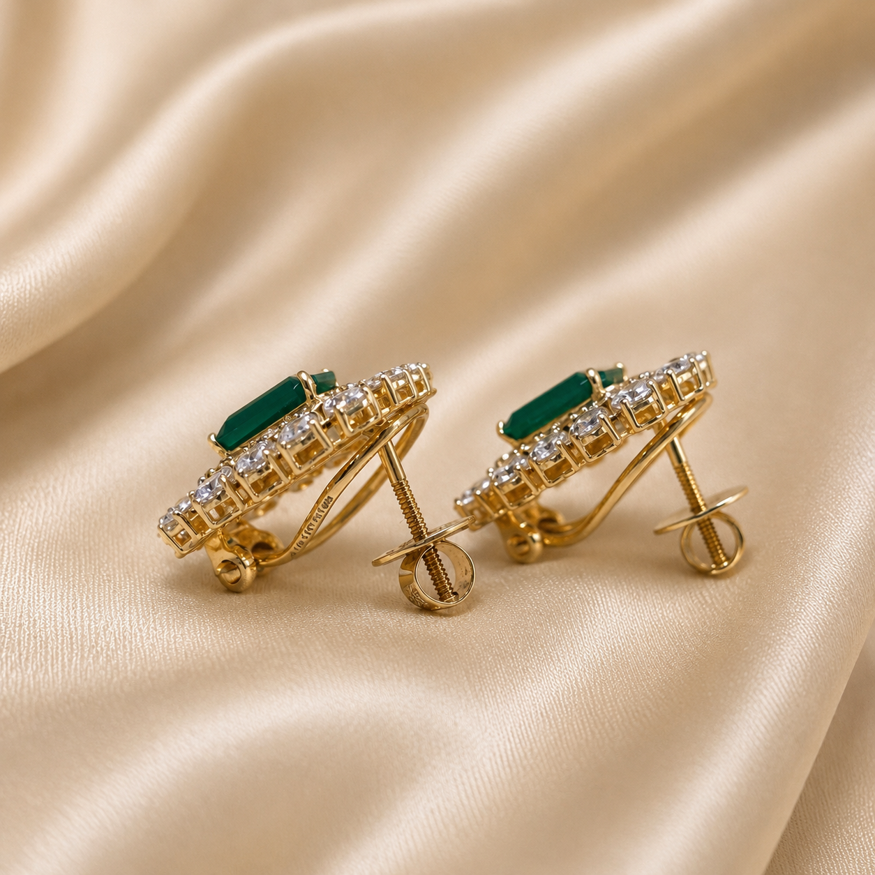 Emerald Lab Grown Diamond Stud Earrings Pear & Round Diamond Halo Yellow Gold Statement Earrings Luxury Gemstone Handmade Jewelry For Her