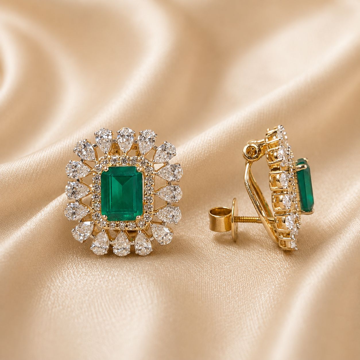 Emerald Lab Grown Diamond Stud Earrings Pear & Round Diamond Halo Yellow Gold Statement Earrings Luxury Gemstone Handmade Jewelry For Her
