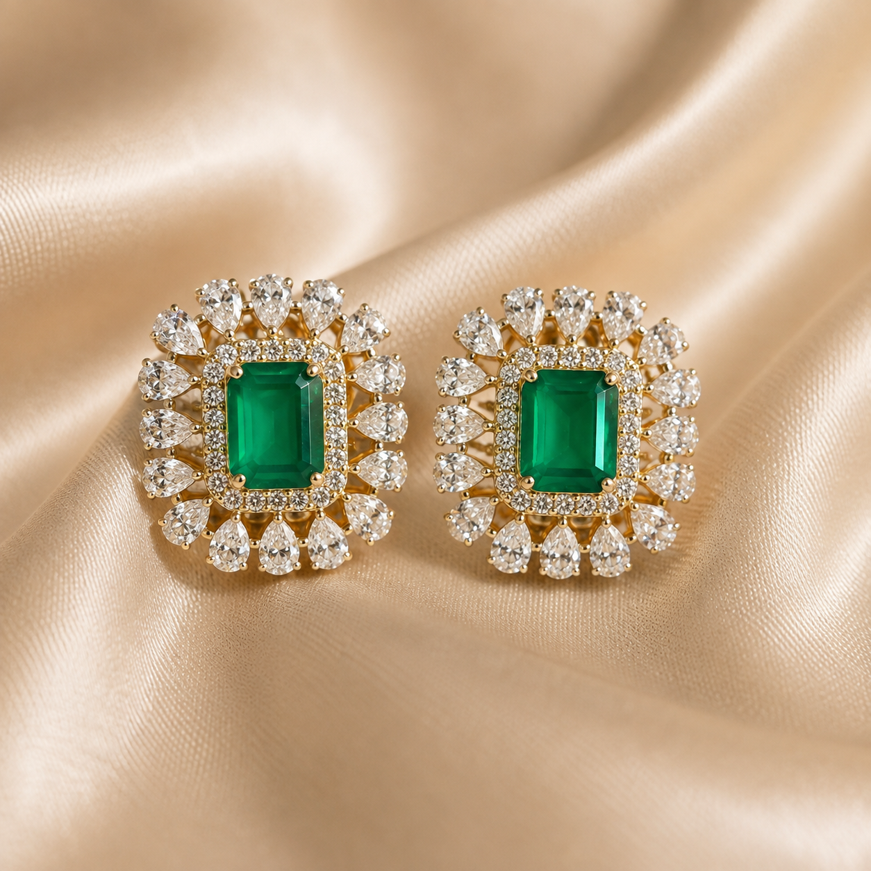 Emerald Lab Grown Diamond Stud Earrings Pear & Round Diamond Halo Yellow Gold Statement Earrings Luxury Gemstone Handmade Jewelry For Her