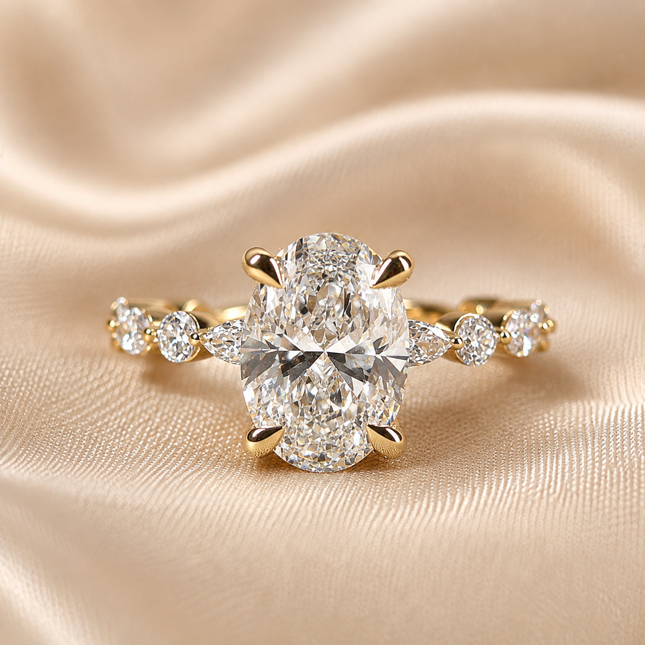 Oval Lab Grown Diamond Engagement Ring Marquise and Round Diamond Band Yellow Gold Ring Luxury Bridal Handmade Jewelry For Her