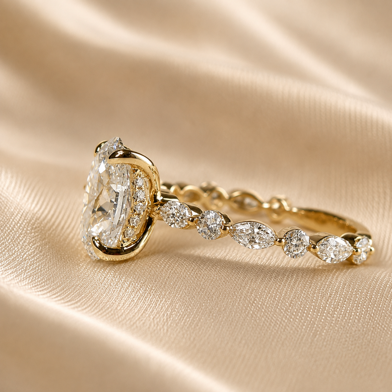 Oval Lab Grown Diamond Engagement Ring Marquise and Round Diamond Band Yellow Gold Ring Luxury Bridal Handmade Jewelry For Her