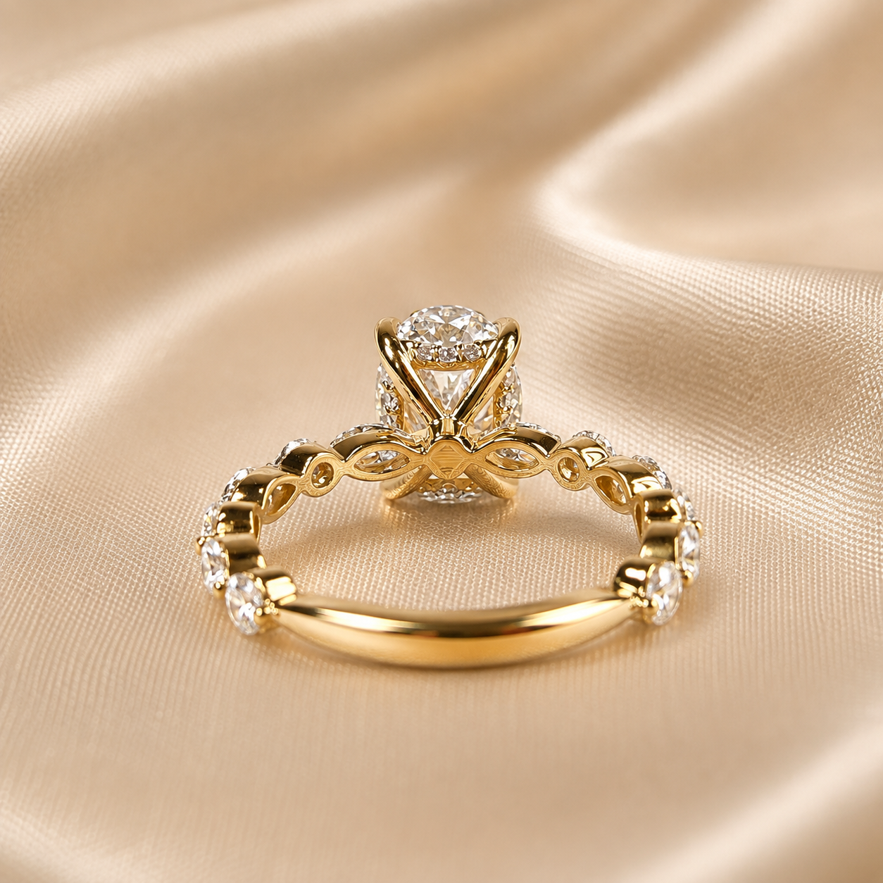 Oval Lab Grown Diamond Engagement Ring Marquise and Round Diamond Band Yellow Gold Ring Luxury Bridal Handmade Jewelry For Her