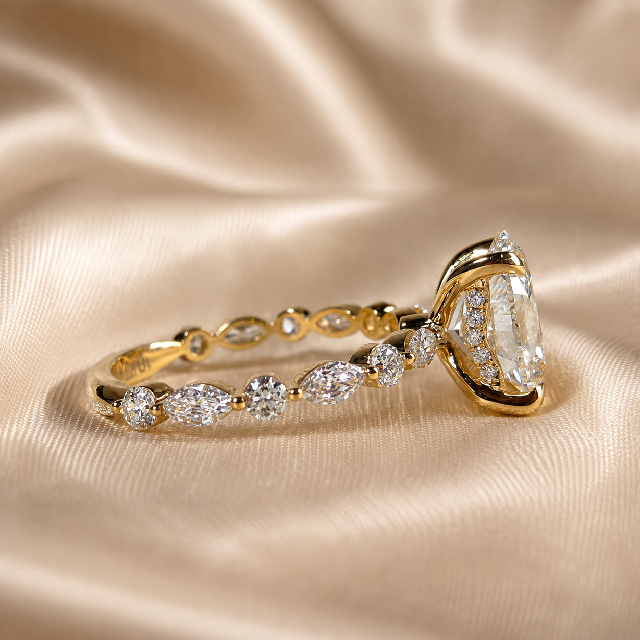 Oval Lab Grown Diamond Engagement Ring Marquise and Round Diamond Band Yellow Gold Ring Luxury Bridal Handmade Jewelry For Her
