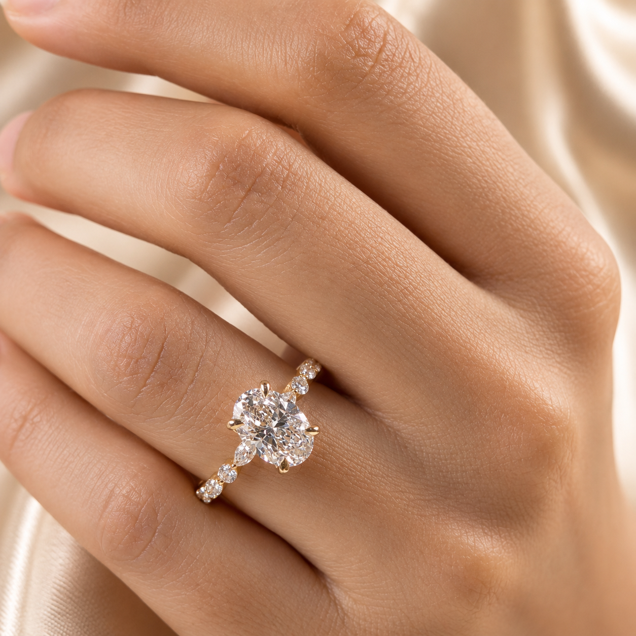 Oval Lab Grown Diamond Engagement Ring Marquise and Round Diamond Band Yellow Gold Ring Luxury Bridal Handmade Jewelry For Her