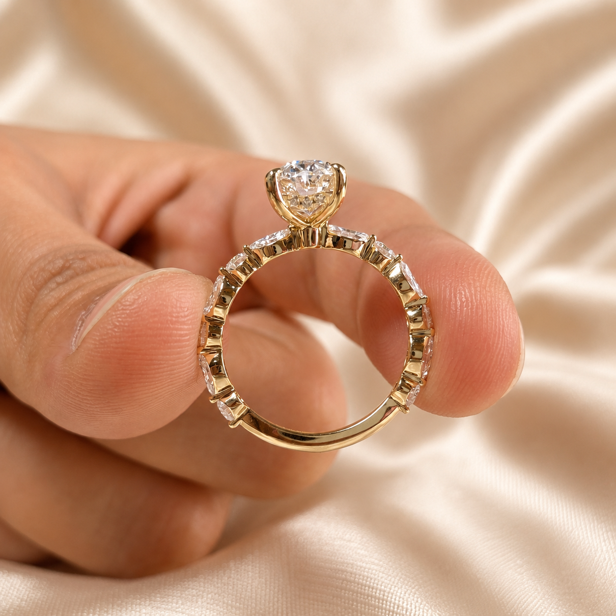 Oval Lab Grown Diamond Engagement Ring Marquise and Round Diamond Band Yellow Gold Ring Luxury Bridal Handmade Jewelry For Her