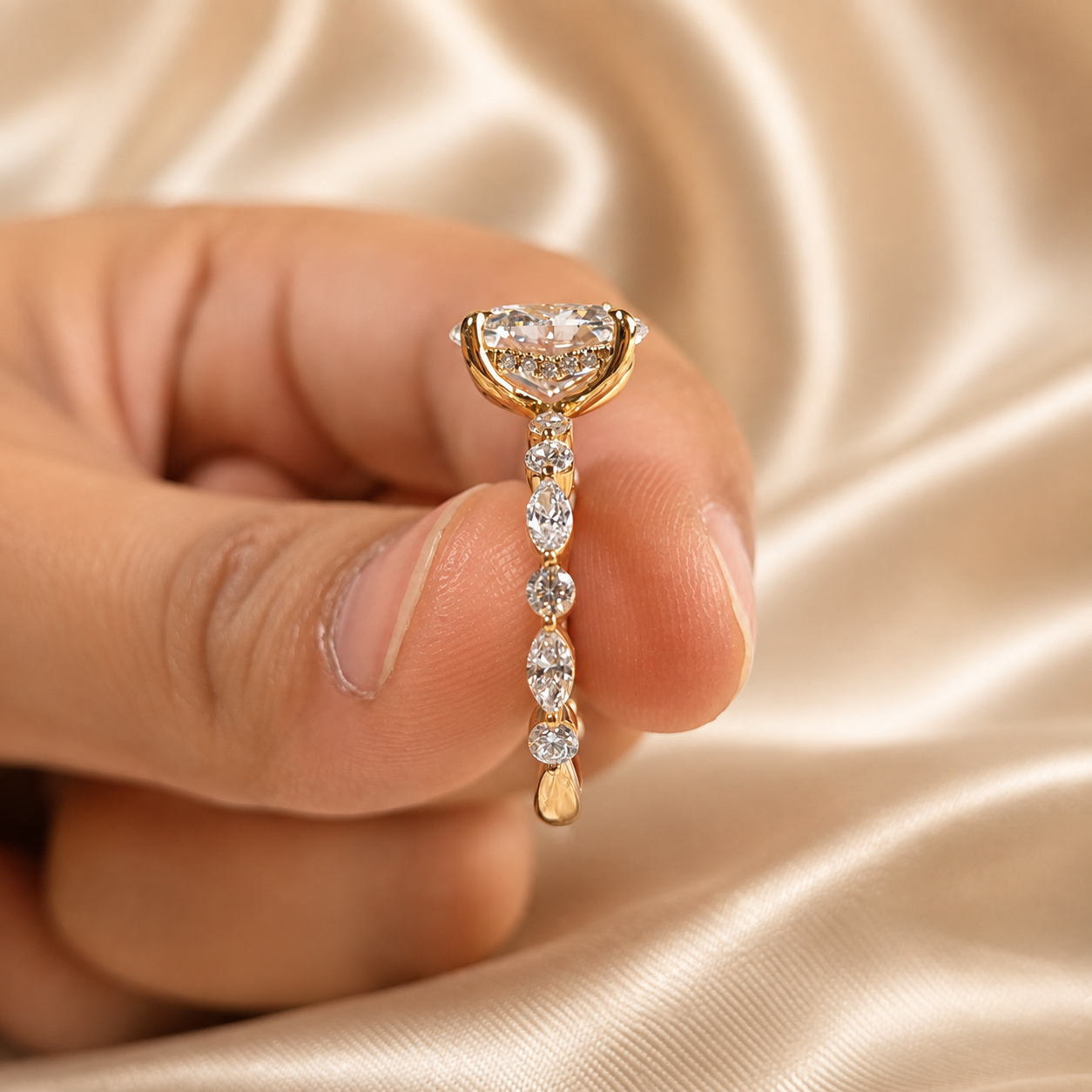 Oval Lab Grown Diamond Engagement Ring Marquise and Round Diamond Band Yellow Gold Ring Luxury Bridal Handmade Jewelry For Her