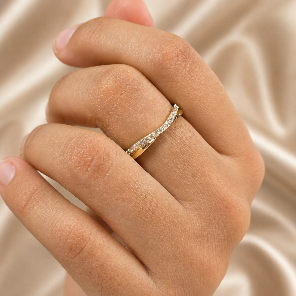 Round Lab Grown Diamond Crossover Band Yellow Gold Curved Band Stacking Ring Elegant Wedding Band Handmade jewelry Gift For Her