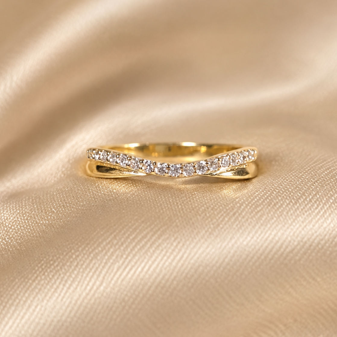 Round Lab Grown Diamond Crossover Band Yellow Gold Curved Band Stacking Ring Elegant Wedding Band Handmade jewelry Gift For Her