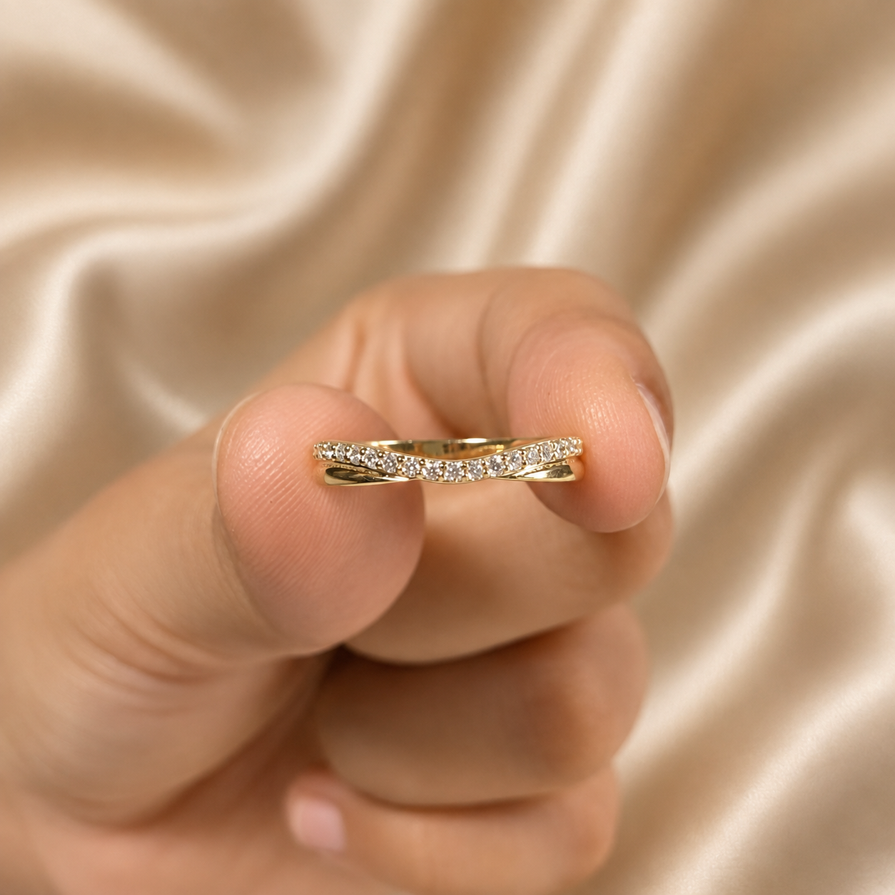 Round Lab Grown Diamond Crossover Band Yellow Gold Curved Band Stacking Ring Elegant Wedding Band Handmade jewelry Gift For Her
