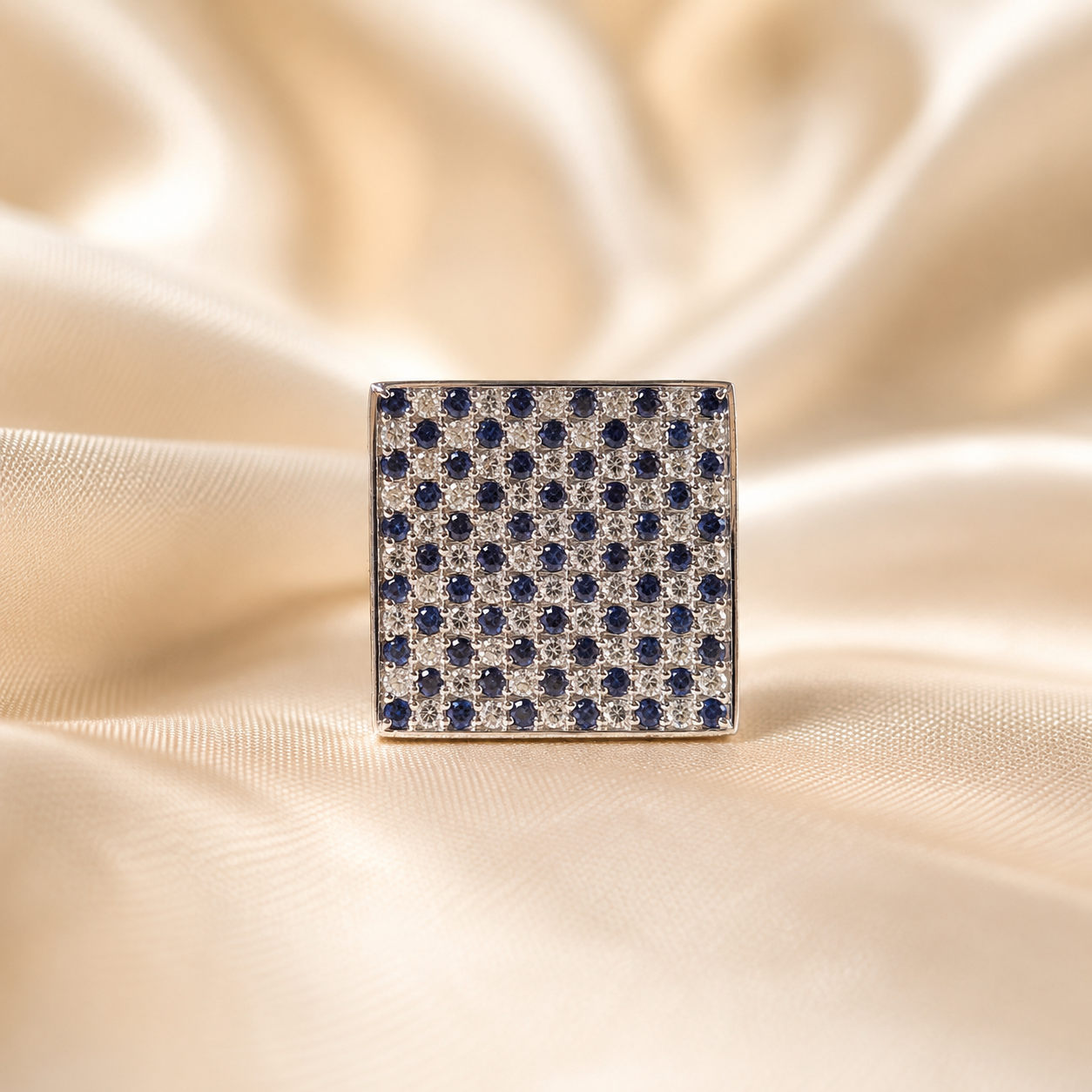 Blue Sapphire and Lab Grown Diamond Ring Elegant Square Pavé Statement Cocktail Ring Handmade Jewelry Birthday Gift For Him