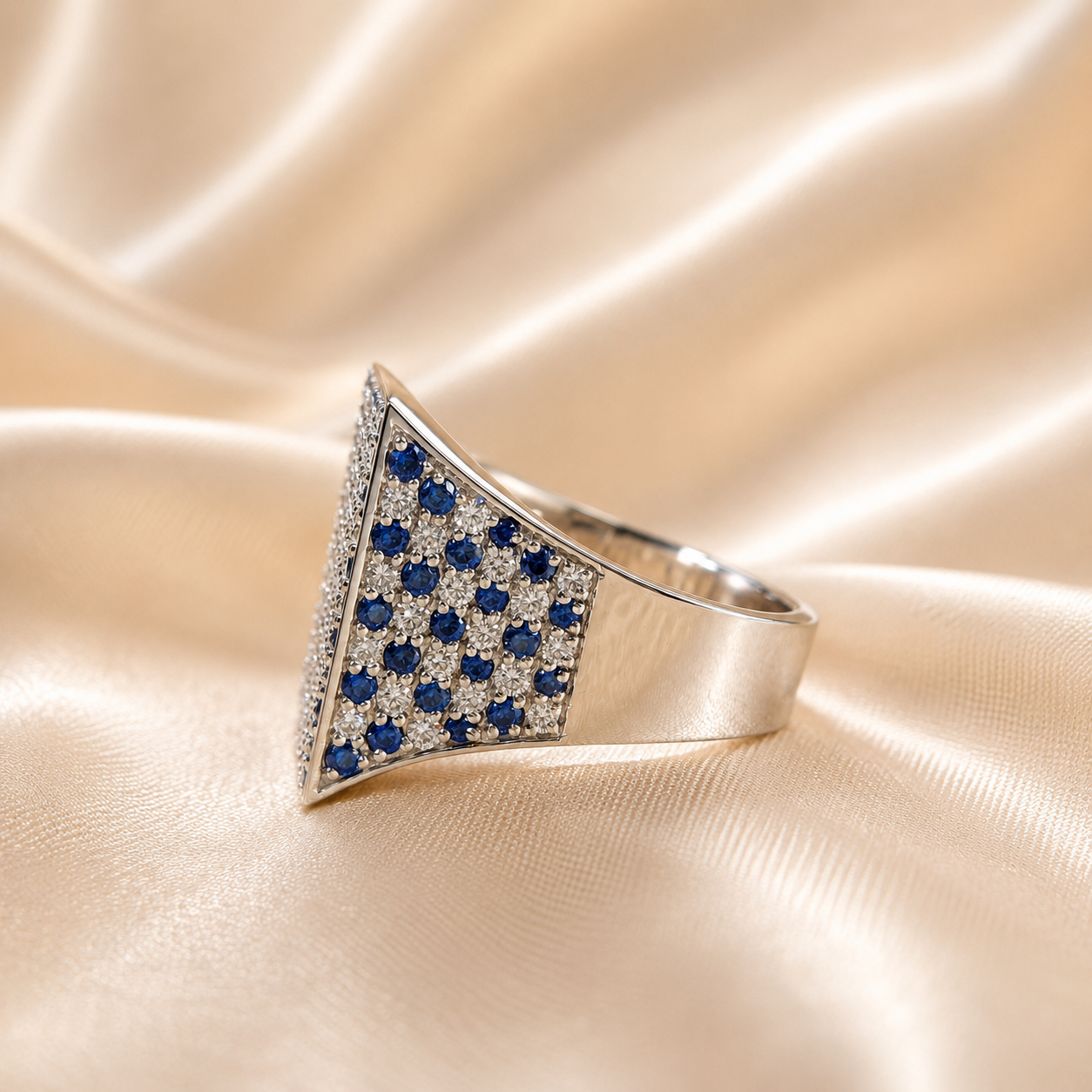 Blue Sapphire and Lab Grown Diamond Ring Elegant Square Pavé Statement Cocktail Ring Handmade Jewelry Birthday Gift For Him
