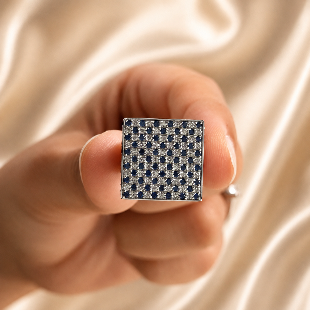 Blue Sapphire and Lab Grown Diamond Ring Elegant Square Pavé Statement Cocktail Ring Handmade Jewelry Birthday Gift For Him