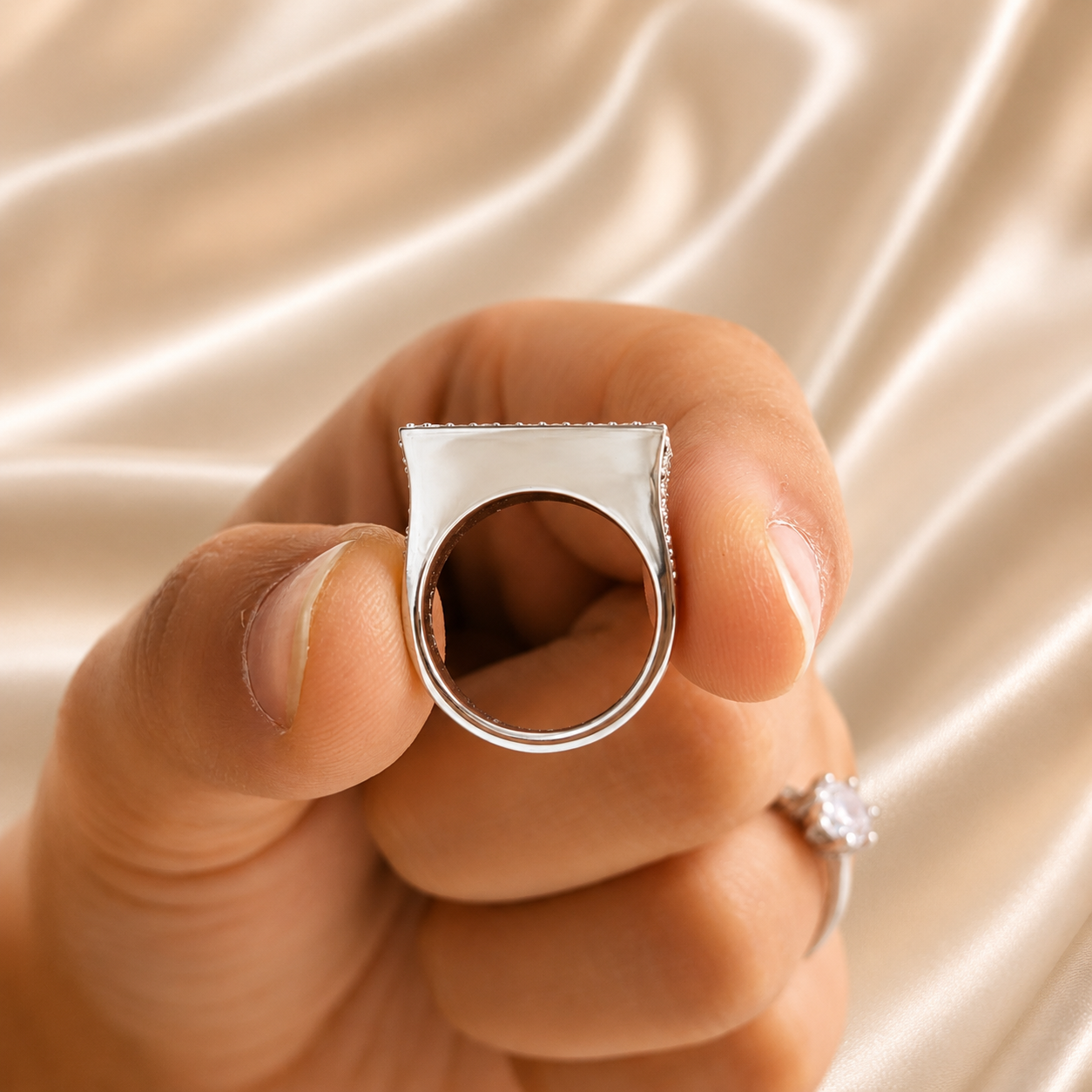 Blue Sapphire and Lab Grown Diamond Ring Elegant Square Pavé Statement Cocktail Ring Handmade Jewelry Birthday Gift For Him