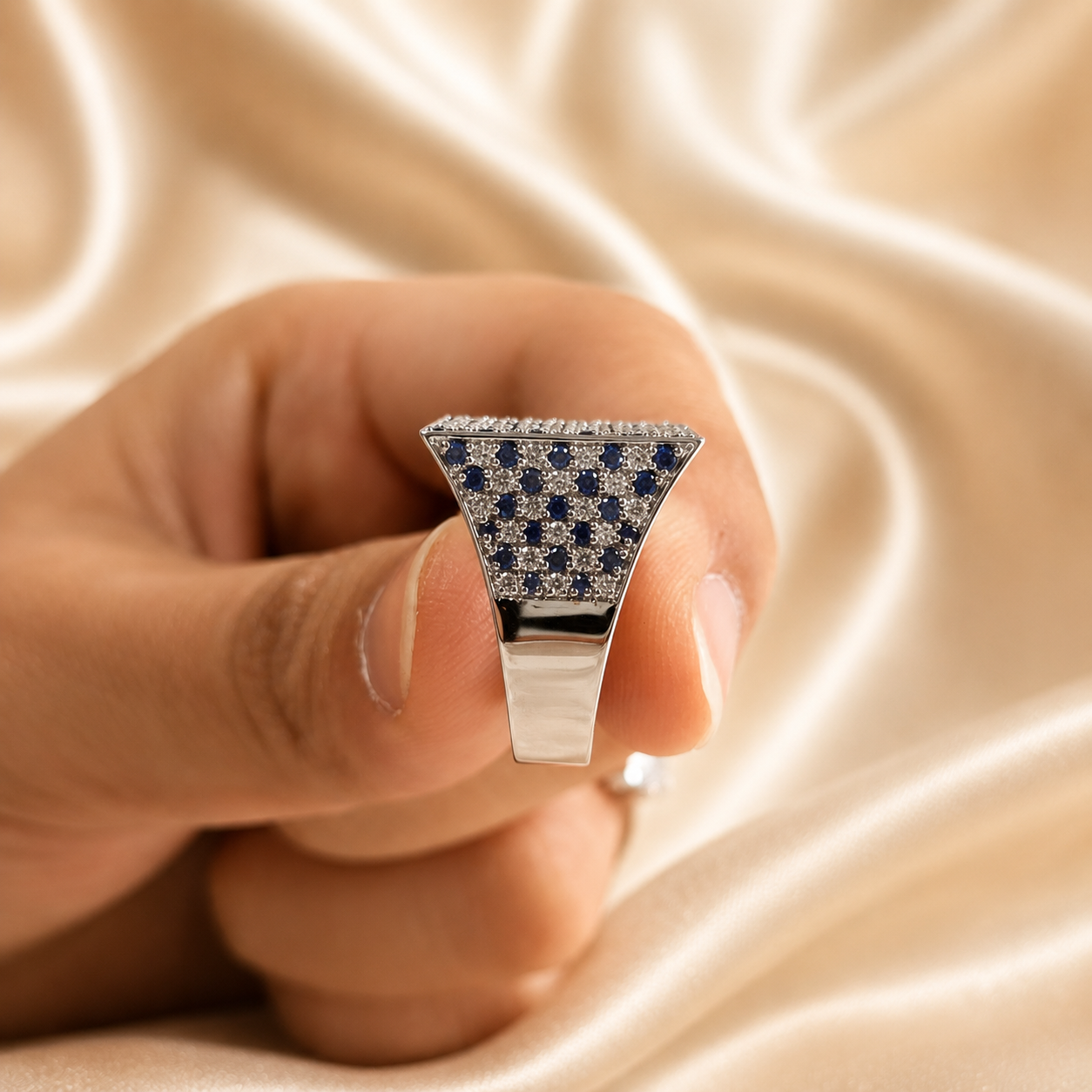 Blue Sapphire and Lab Grown Diamond Ring Elegant Square Pavé Statement Cocktail Ring Handmade Jewelry Birthday Gift For Him