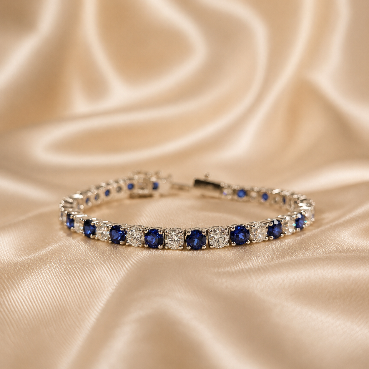 Blue Sapphire Round Lab Grown Diamond Tennis Bracelet Elegant Statement Custom Jewelry Handmade Jewelry Wedding Bracelet Gift For Her