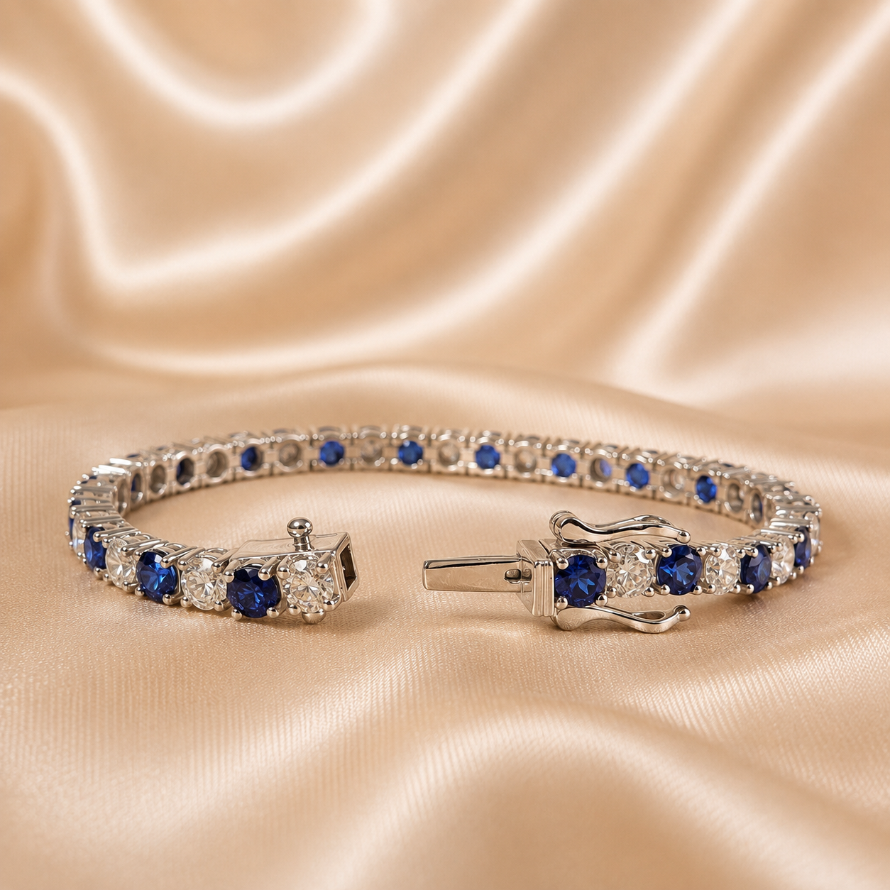 Blue Sapphire Round Lab Grown Diamond Tennis Bracelet Elegant Statement Custom Jewelry Handmade Jewelry Wedding Bracelet Gift For Her
