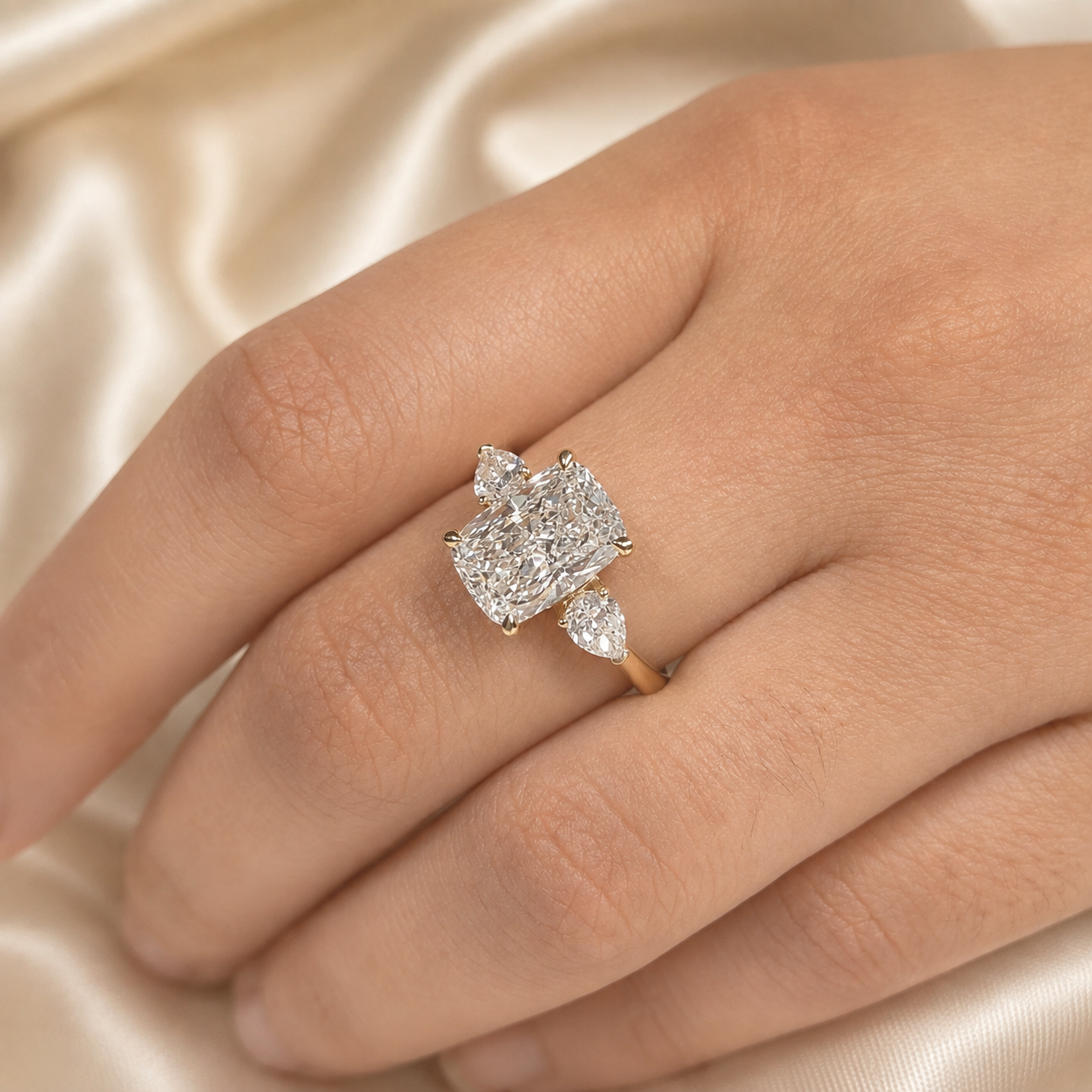 Cushion Cut Lab Grown Diamond Engagement Ring Pear Side Diamond Three Stone Ring Wedding Ring Promise Handmade jewelry Gift For Her