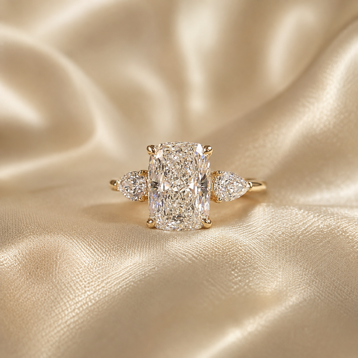Cushion Cut Lab Grown Diamond Engagement Ring Pear Side Diamond Three Stone Ring Wedding Ring Promise Handmade jewelry Gift For Her