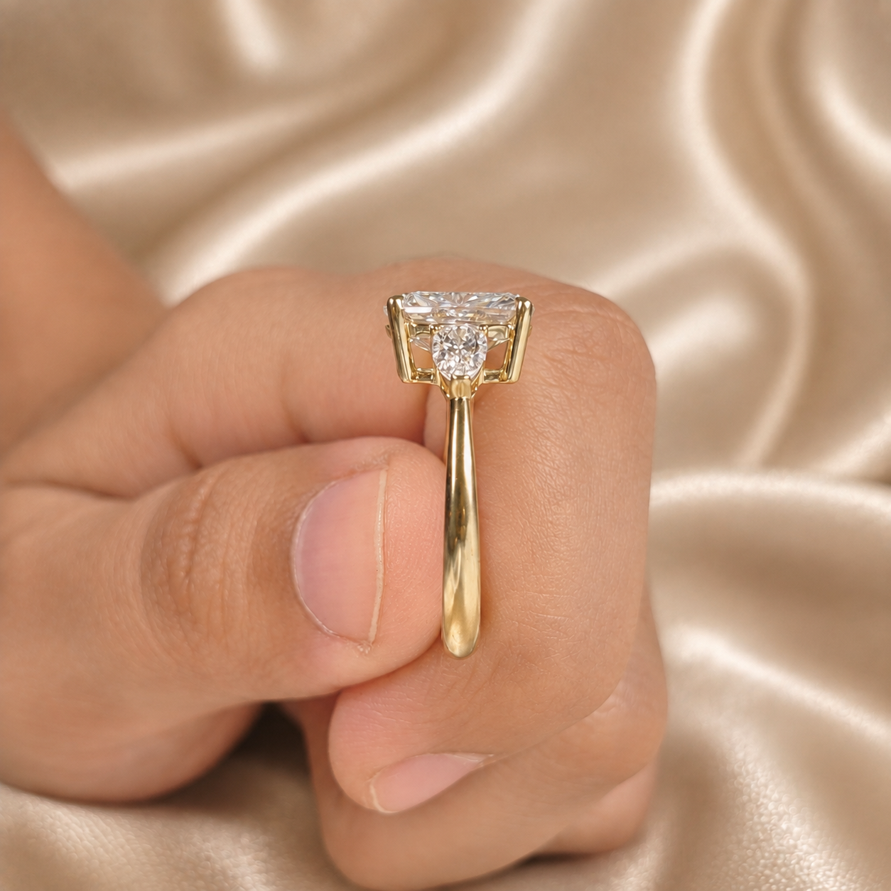 Cushion Cut Lab Grown Diamond Engagement Ring Pear Side Diamond Three Stone Ring Wedding Ring Promise Handmade jewelry Gift For Her