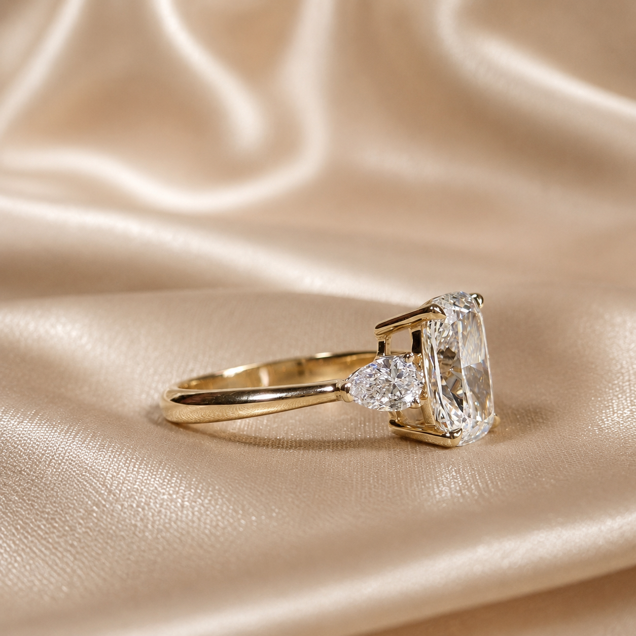 Cushion Cut Lab Grown Diamond Engagement Ring Pear Side Diamond Three Stone Ring Wedding Ring Promise Handmade jewelry Gift For Her