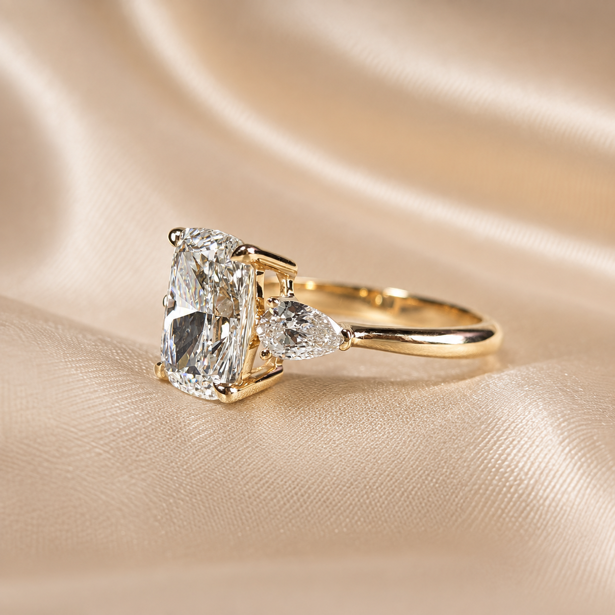 Cushion Cut Lab Grown Diamond Engagement Ring Pear Side Diamond Three Stone Ring Wedding Ring Promise Handmade jewelry Gift For Her